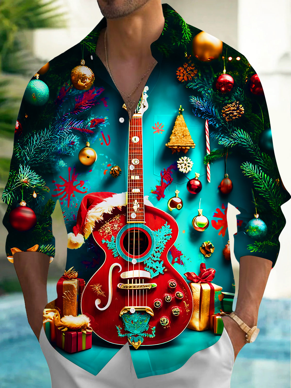 Oceanlyte Men's Printed Christmas Guitar Print Long Sleeve Shirt with Chest Pocket