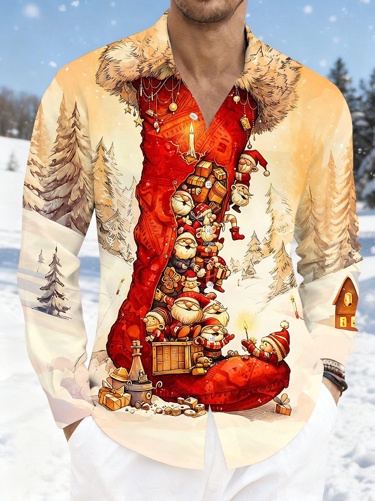Oceanlyte Men's Graphic Christmas Stocking Print Long Sleeve Shirt with Chest Pocket