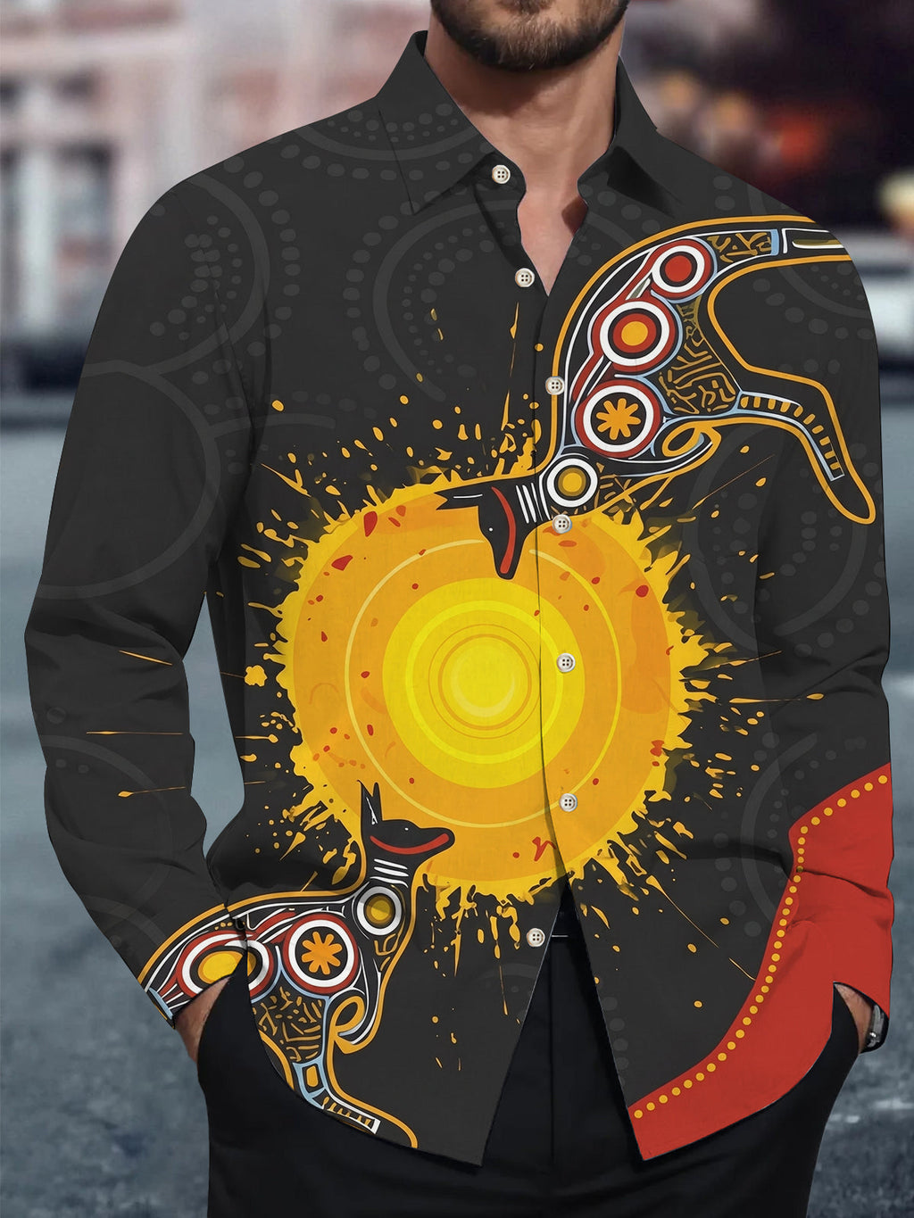 Oceanlyte Men's Graphic Sun Design Print Long Sleeve Shirt with Chest Pocket