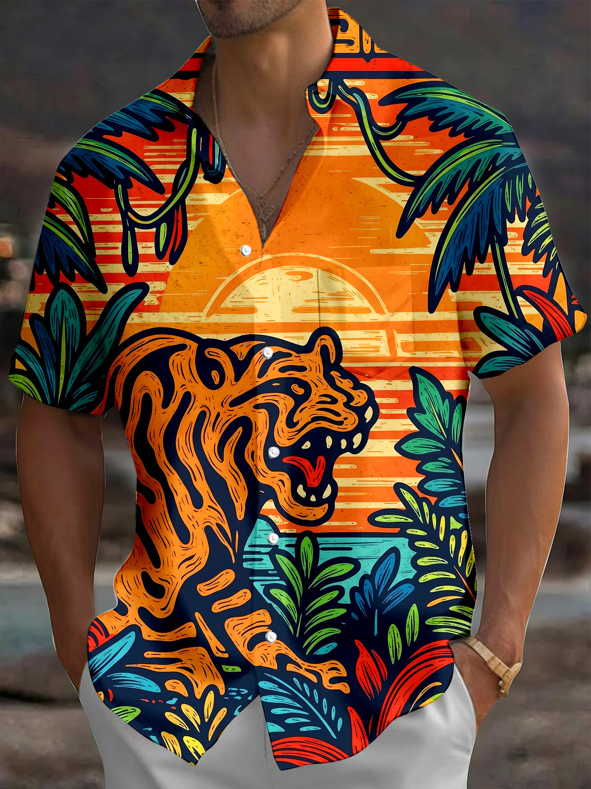 Oceanlyte Men's Hawaiian Roaring Tiger Print Short Sleeve Shirt with Chest Pocket