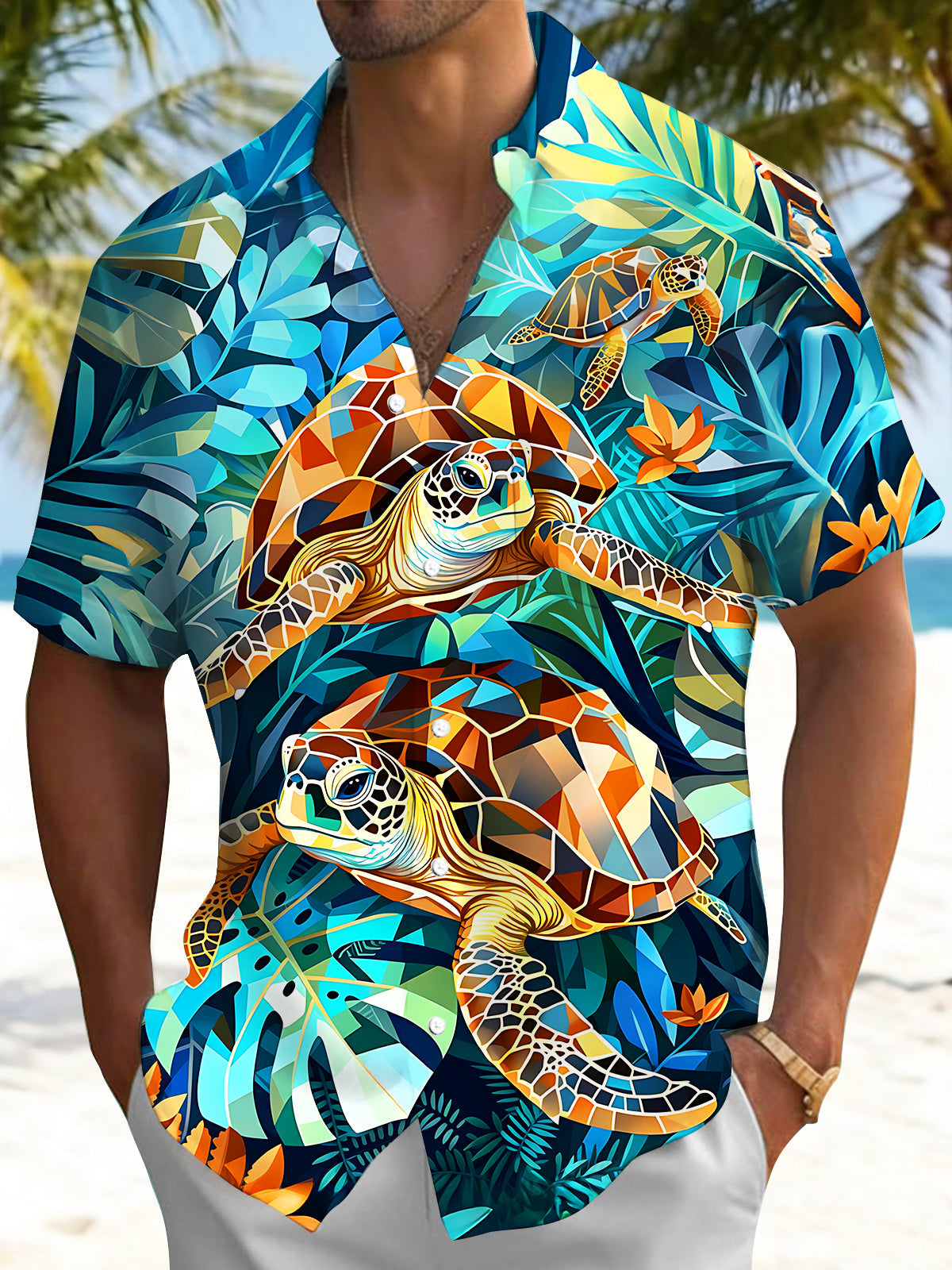 Oceanlyte Men's Hawaiian Geometric Sea Turtle Print Short Sleeve Shirt with Chest Pocket
