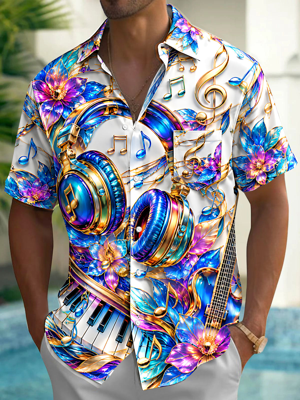 Oceanlyte Men's Hawaiian 3D Musical Instruments Print Short Sleeve Shirt with Chest Pocket