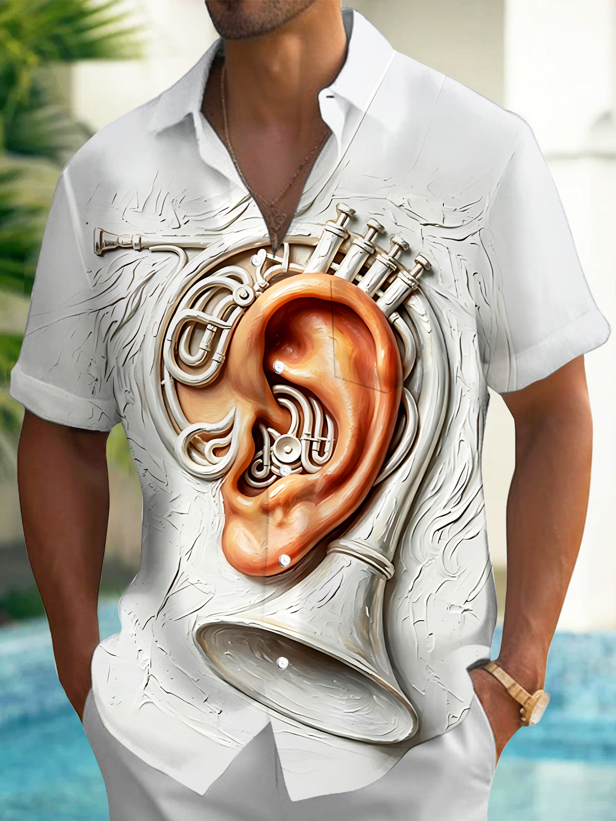 Oceanlyte Men's Graphic 3D Relief Ear And French Print Short Sleeve Shirt with Chest Pocket