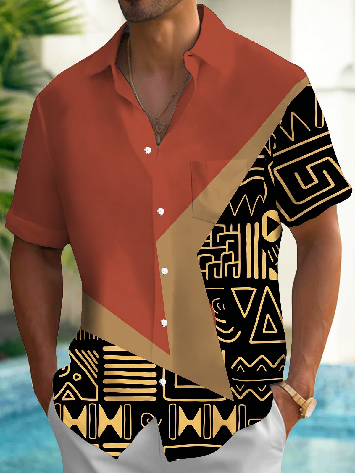 Oceanlyte Men's Vintage Style Tribal Geometric Pattern Short Sleeve Shirt with Chest Pocket