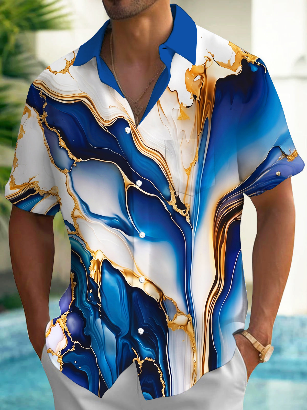 Oceanlyte Men's Printed Blue Gold Fluid Marble Print Short Sleeve Shirt with Chest Pocket