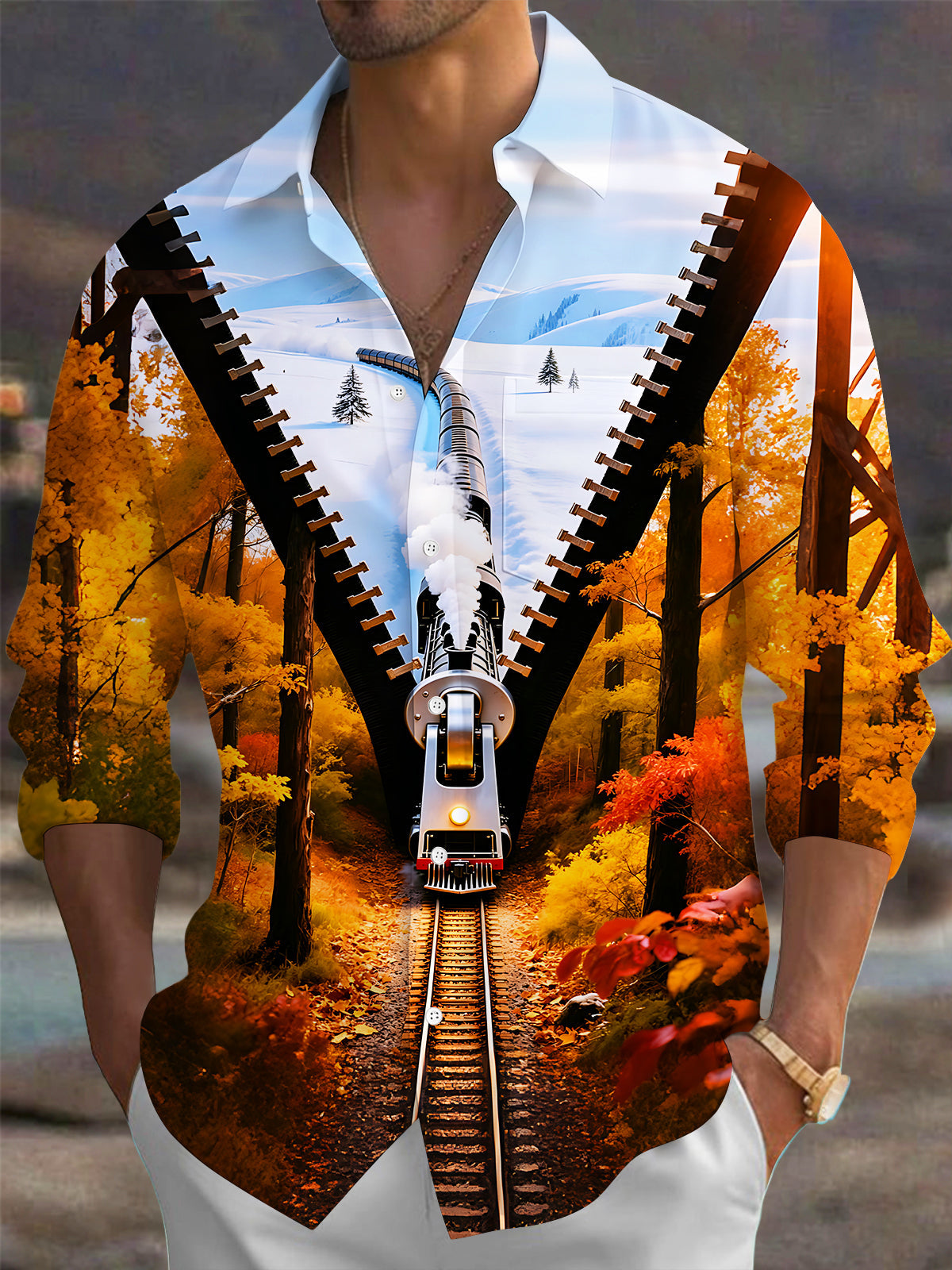 Oceanlyte Men's Graphic Autumn Forest Train Print Long Sleeve Shirt with Chest Pocket