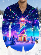 Oceanlyte Men's Graphic Neon Lighthouse Print Long Sleeve Shirt with Chest Pocket