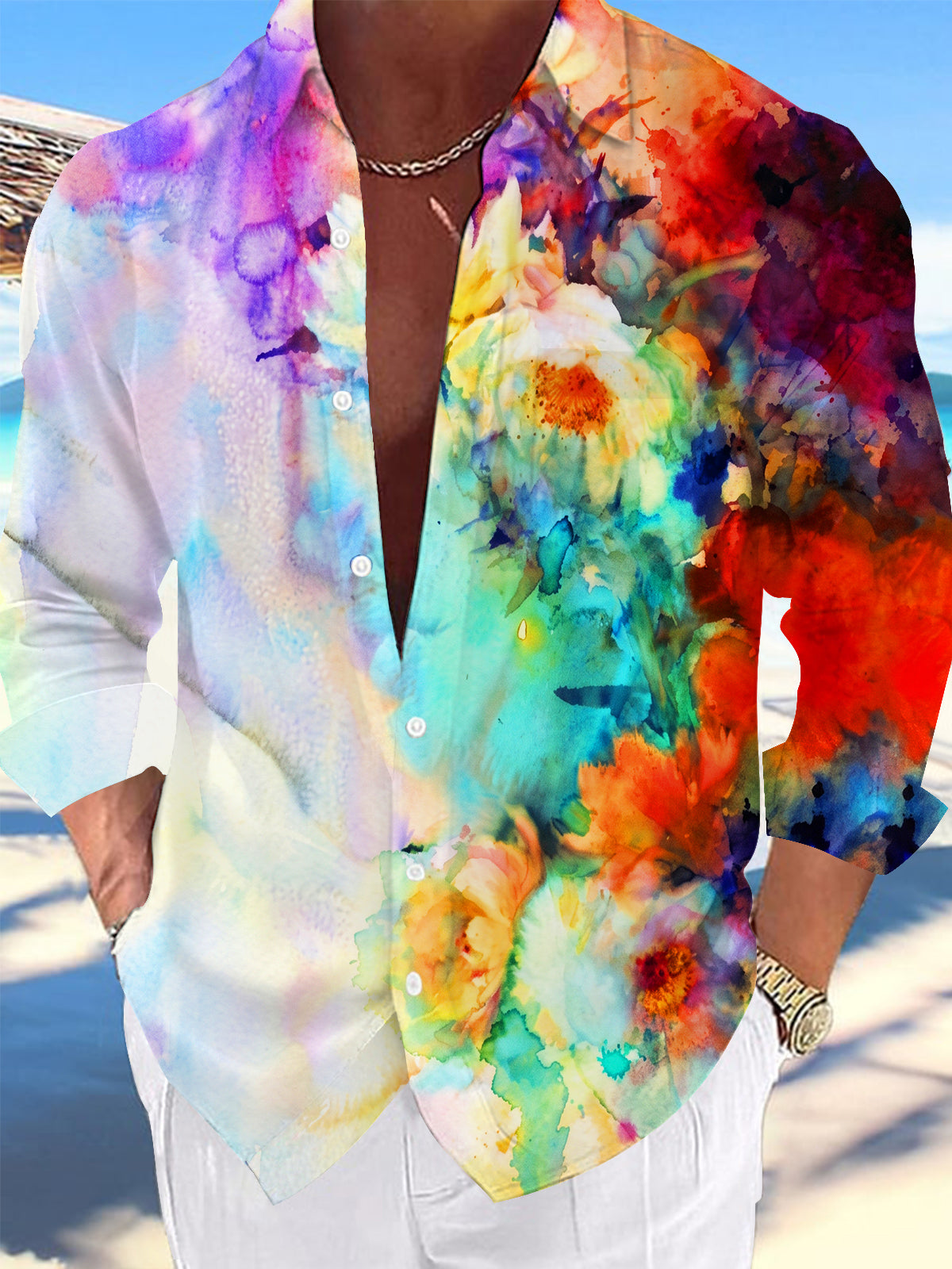 Oceanlyte Men's Printed Watercolor Flowers Print Long Sleeve Shirt with Chest Pocket