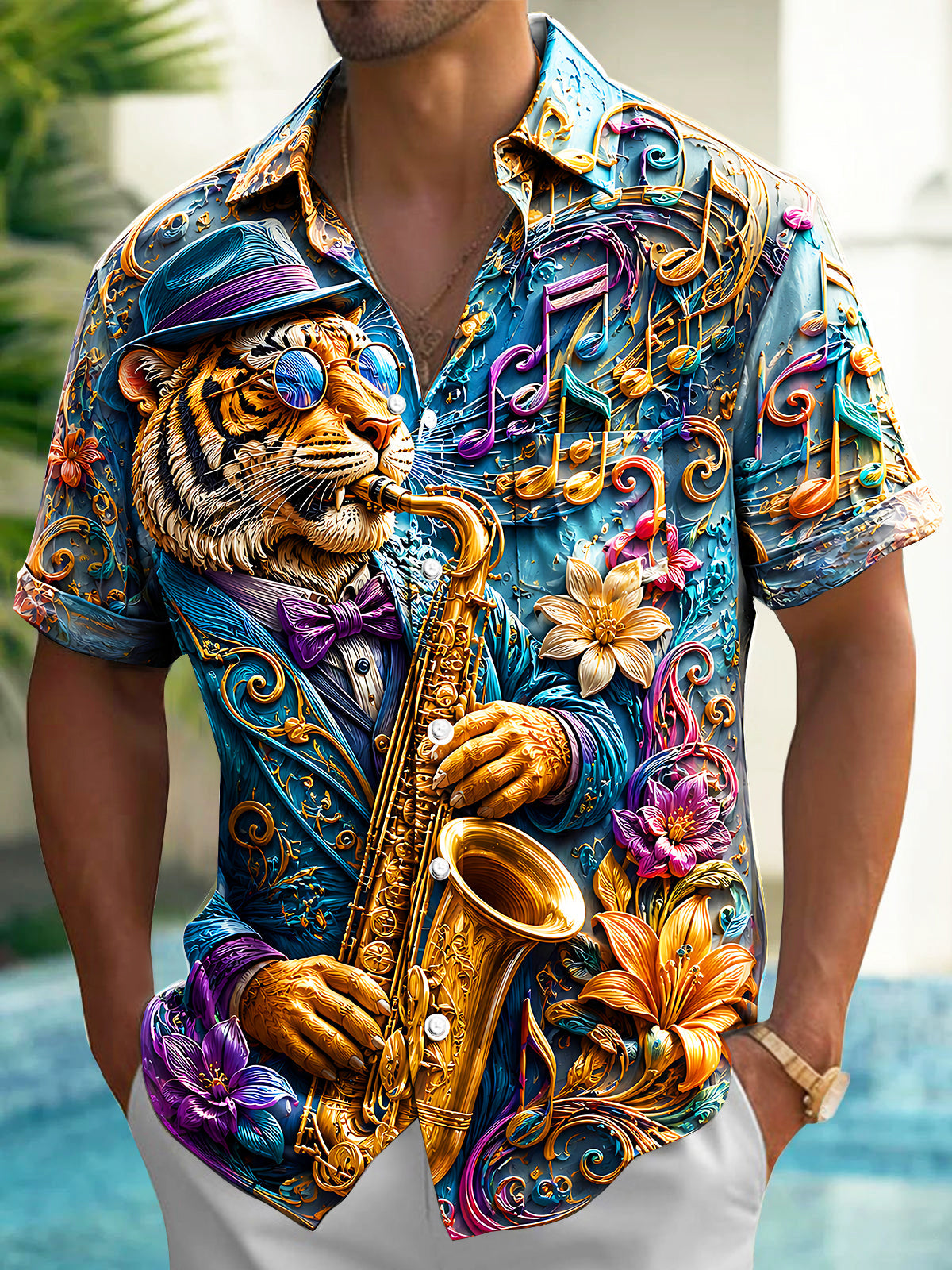 Oceanlyte Men's Graphic Tiger Playing Saxophone Print Short Sleeve Shirt with Chest Pocket