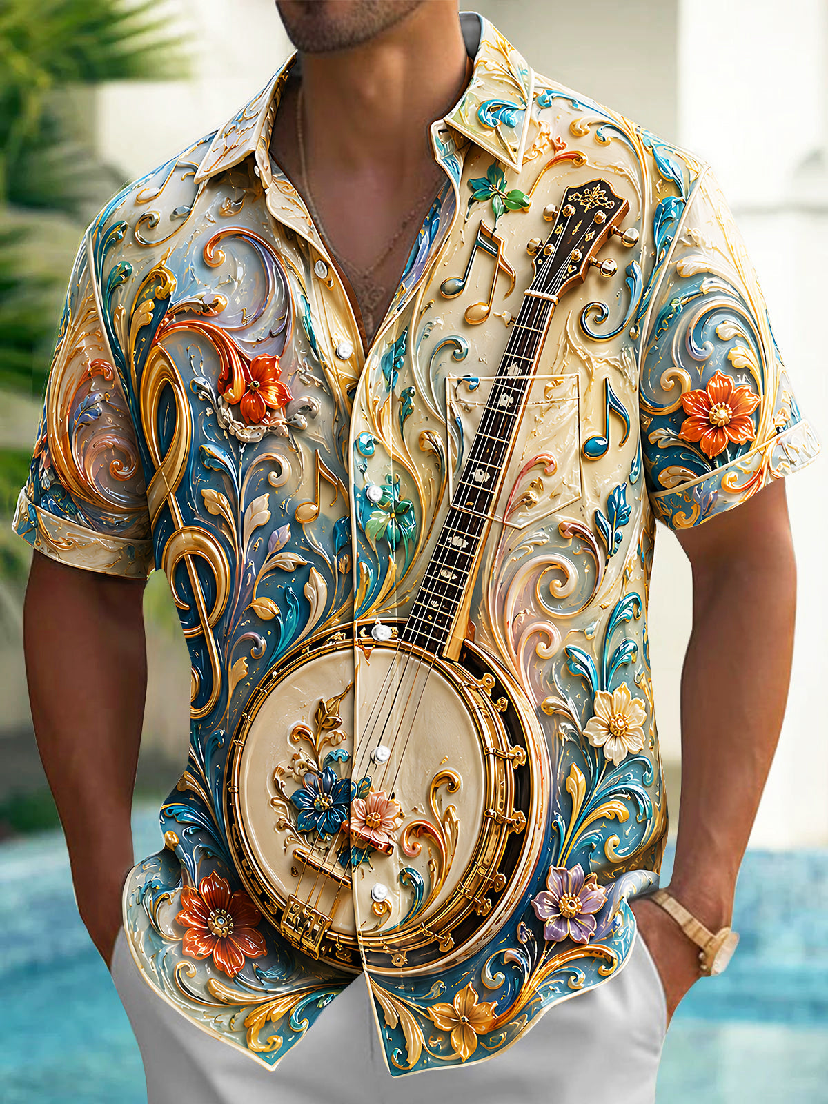 Oceanlyte Men's Vintage Style Banjo Relief Print Short Sleeve Shirt with Chest Pocket