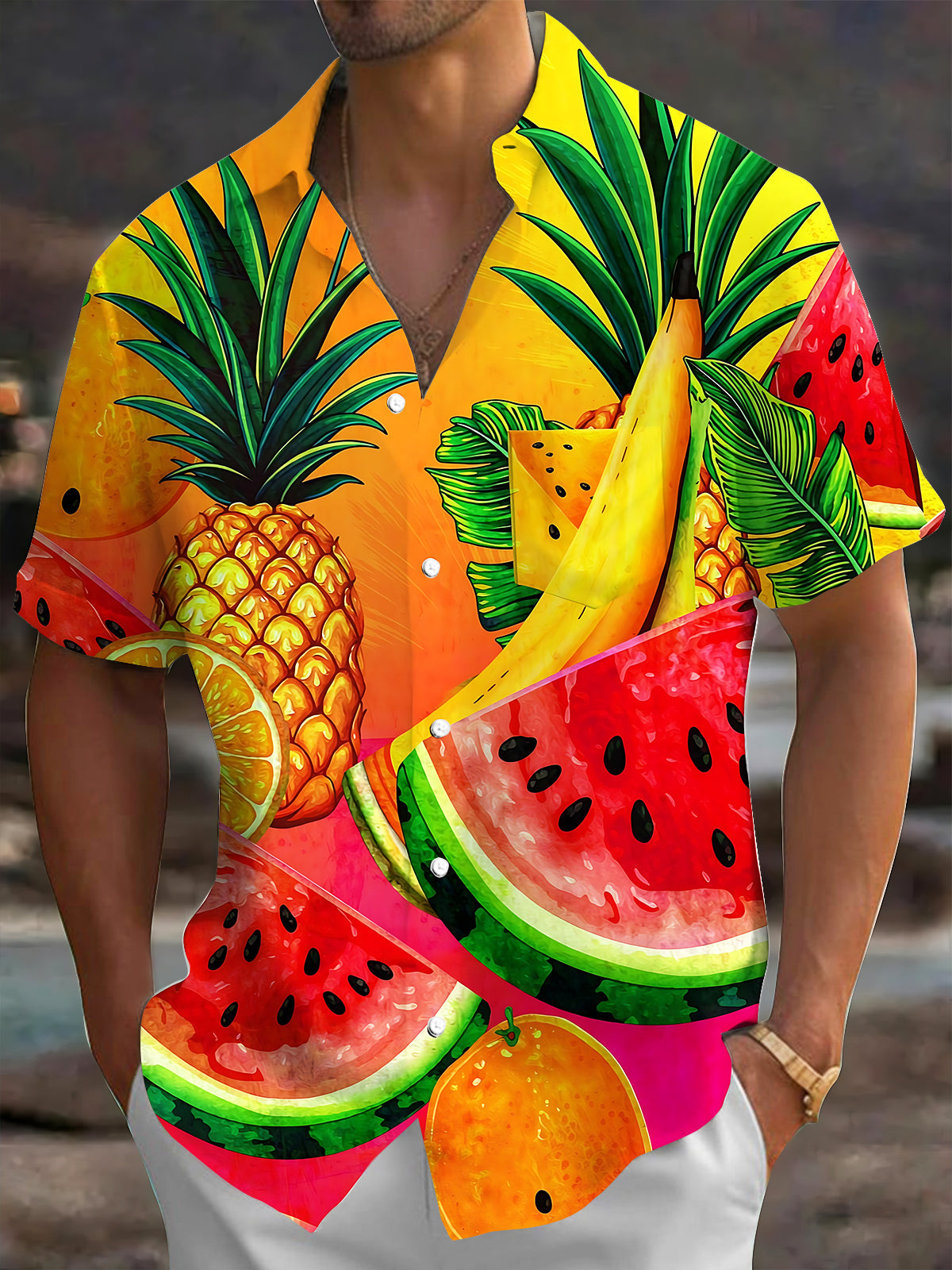 Oceanlyte Men's Hawaiian Tropical Fruit Pattern Short Sleeve Shirt with Chest Pocket
