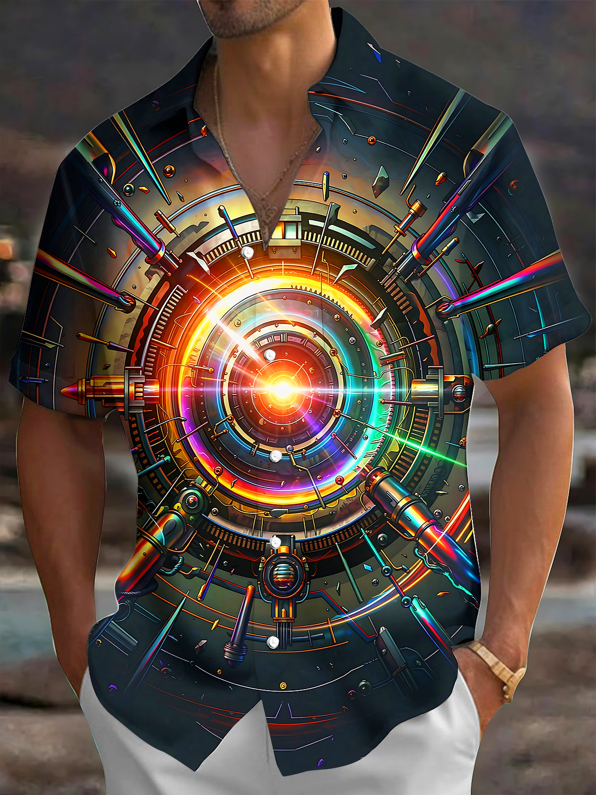 Oceanlyte Men's Graphic Cyberpunk Mechanical Compass Print Short Sleeve Shirt with Chest Pocket