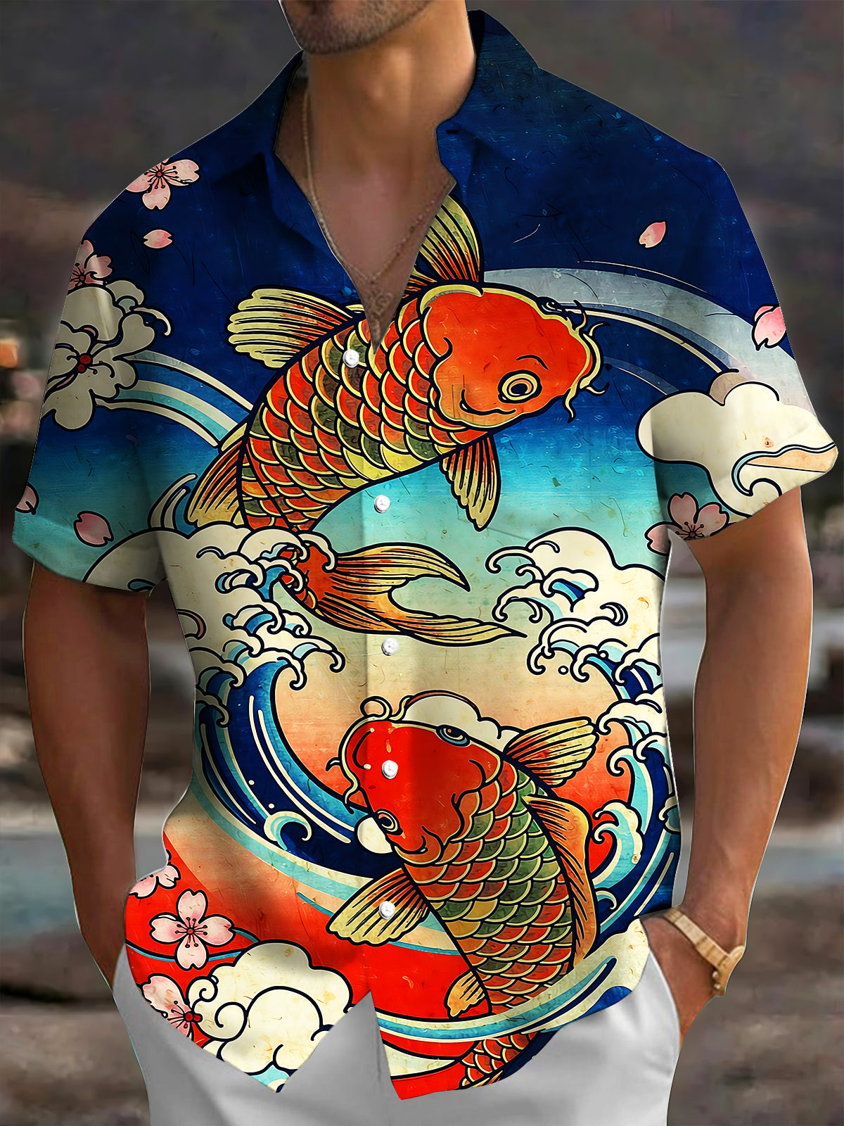 Oceanlyte Men's Hawaiian Koi Fish Print Ocean Waves Print Short Sleeve Shirt with Chest Pocket