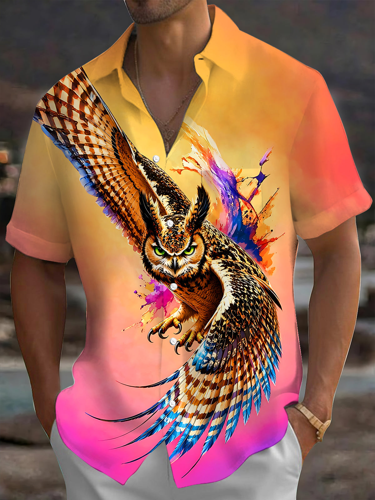 Oceanlyte Men's Graphic Flying Owl Print Short Sleeve Shirt with Chest Pocket