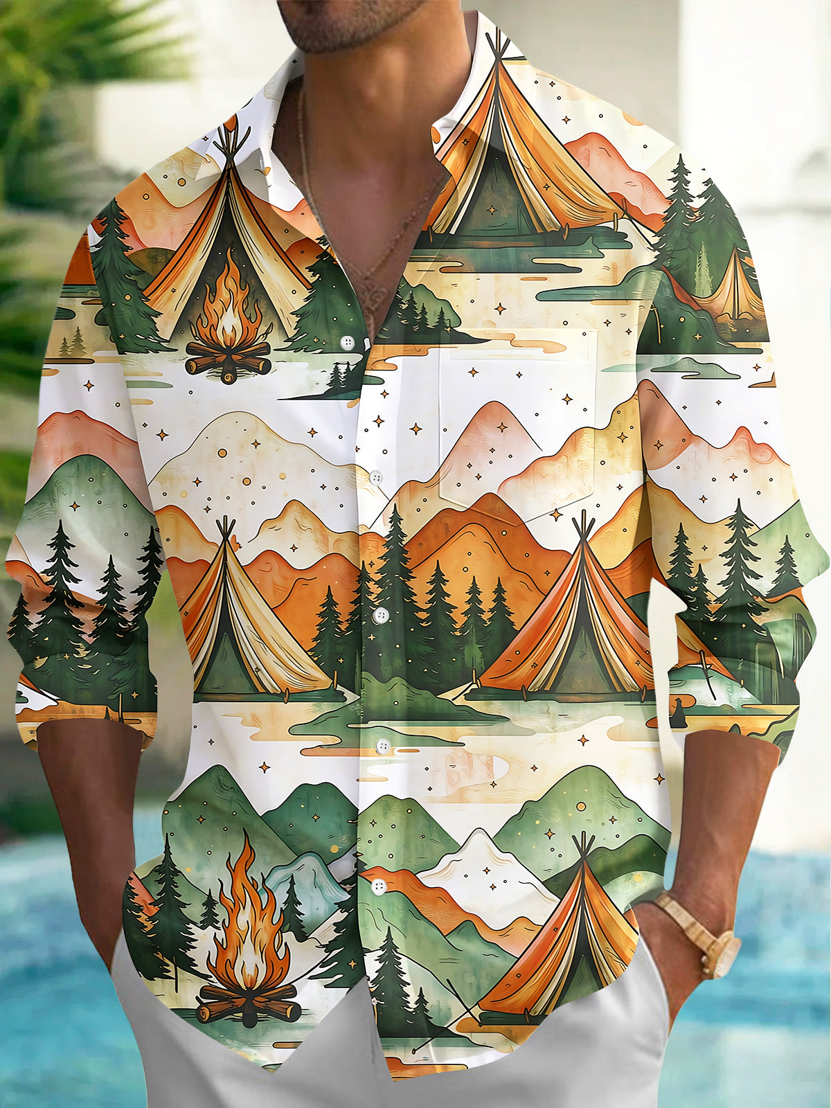 Oceanlyte Men's Printed Mountain Camping Scene Print Long Sleeve Shirt with Chest Pocket