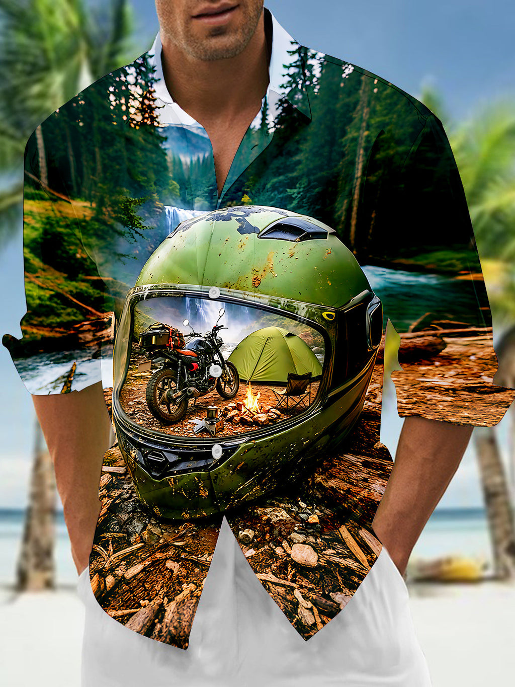 Oceanlyte Men's Printed Motorcycle Helmet Camping Scene Print Long Sleeve Shirt with Chest Pocket