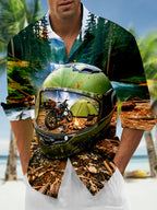 Oceanlyte Men's Printed Motorcycle Helmet Camping Scene Print Long Sleeve Shirt with Chest Pocket