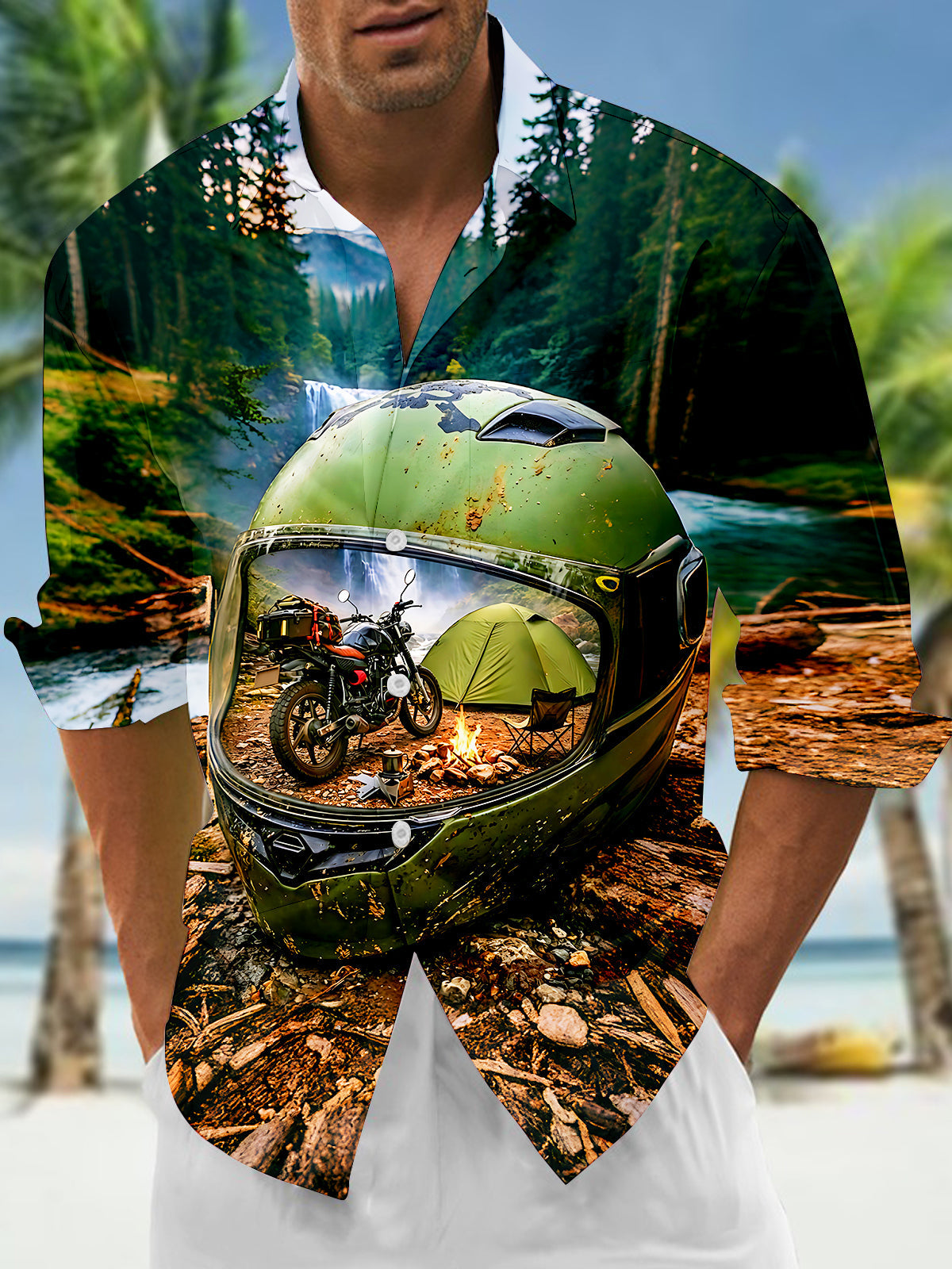 Oceanlyte Men's Printed Motorcycle Helmet Camping Scene Print Long Sleeve Shirt with Chest Pocket