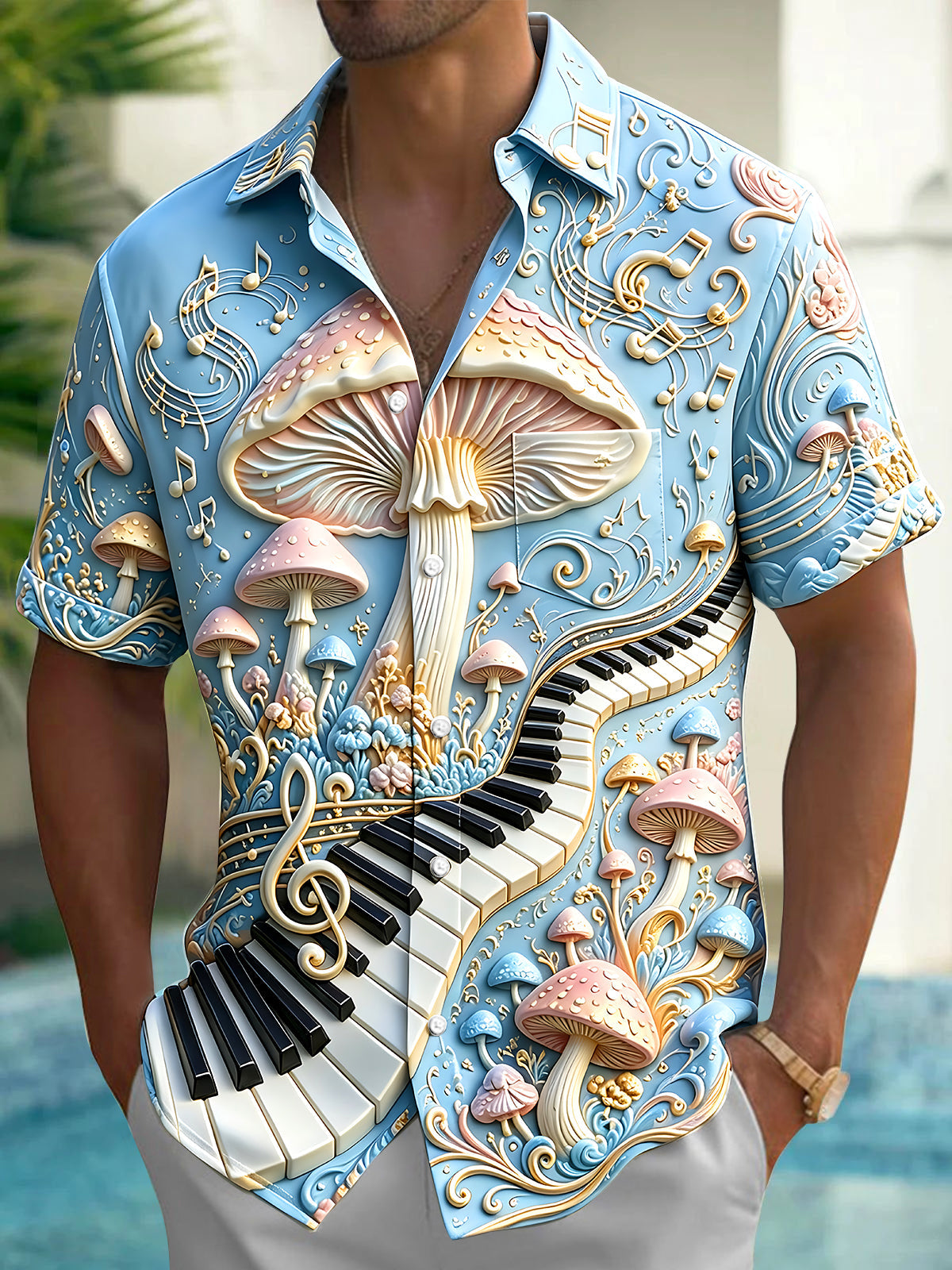 Oceanlyte Men's Graphic 3D Mushroom Relief Print Short Sleeve Shirt with Chest Pocket
