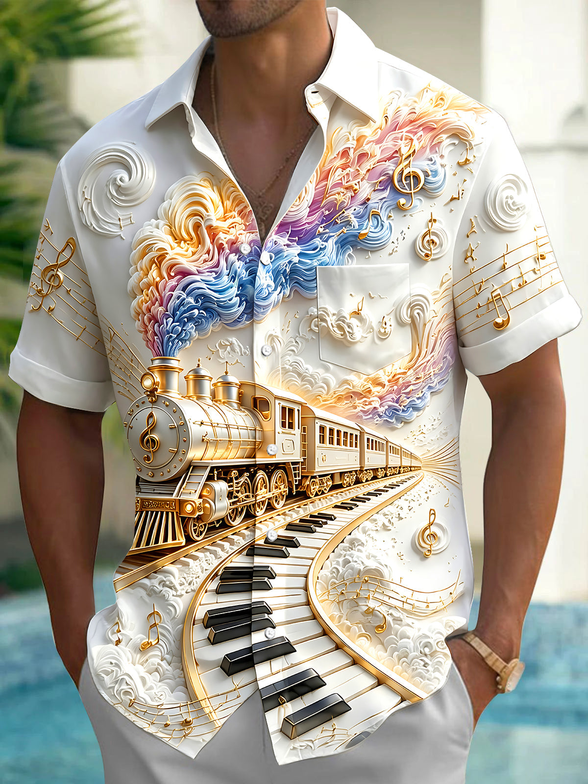 Oceanlyte Men's Graphic Steam Train Print Piano Keys Print Short Sleeve Shirt with Chest Pocket