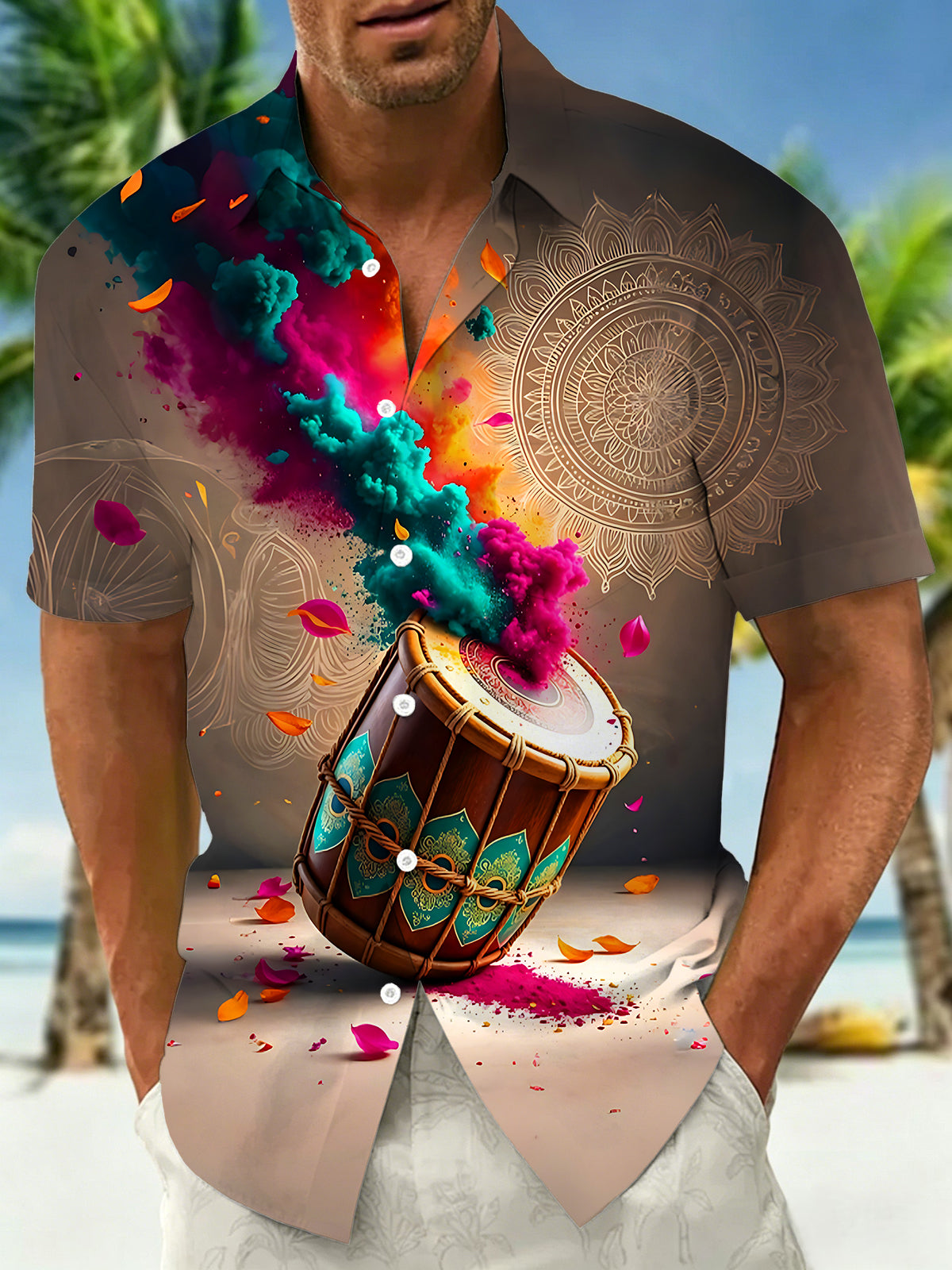 Oceanlyte Men's Graphic Drum With Colorful Powder Print Short Sleeve Shirt with Chest Pocket