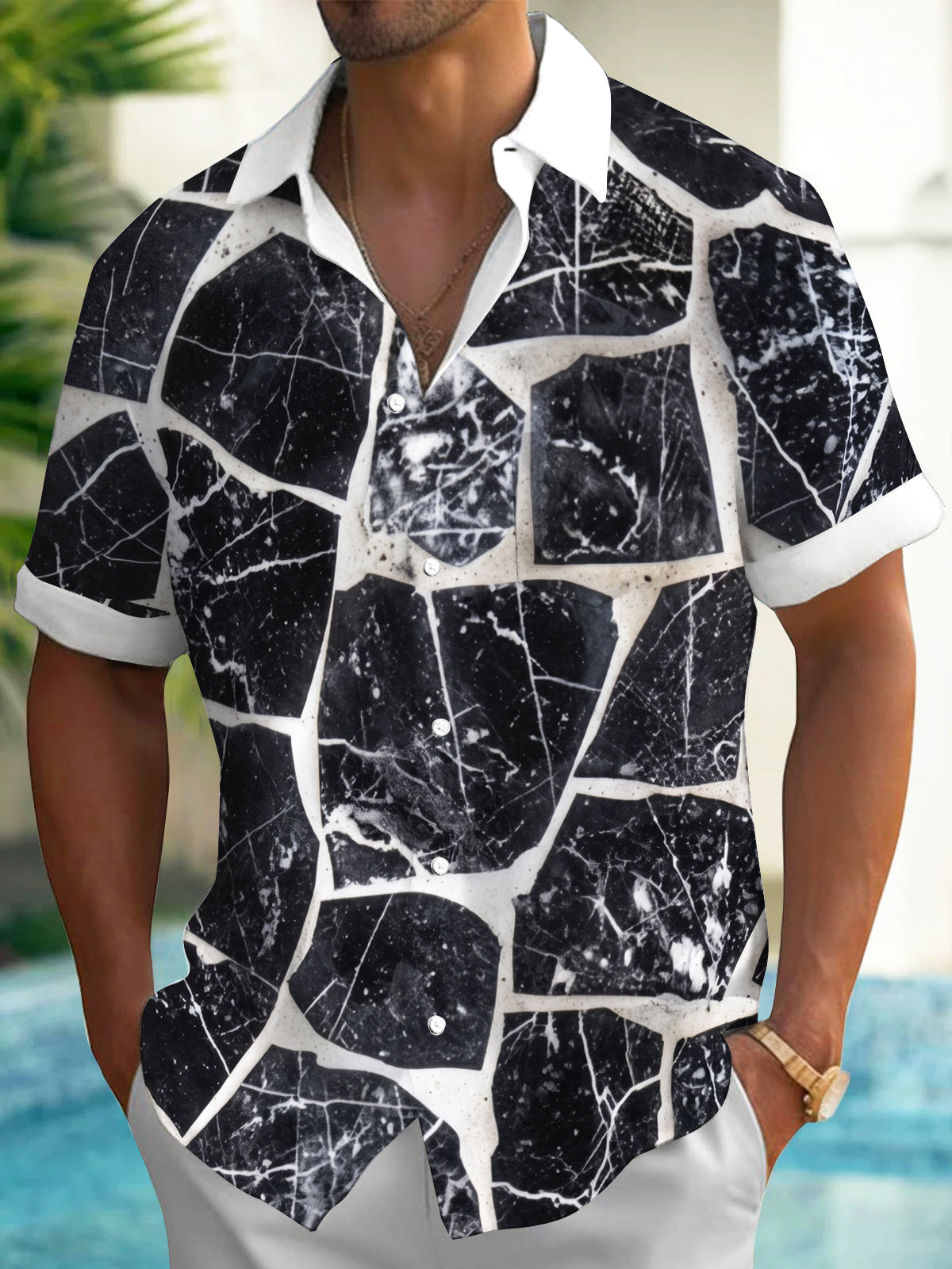 Oceanlyte Men's Patterned Black And White Marble Crack Print Short Sleeve Shirt with Chest Pocket