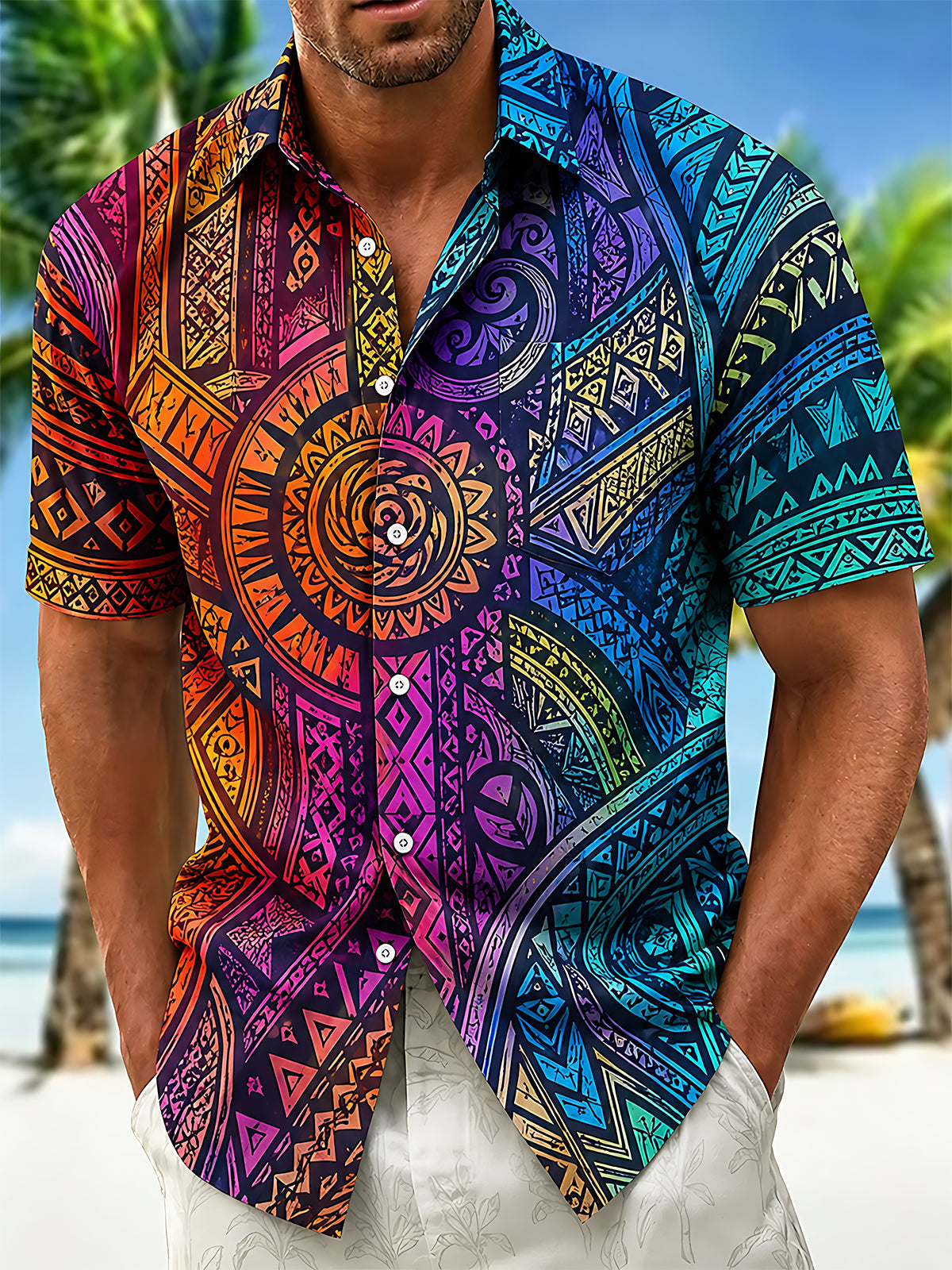 Oceanlyte Men's Graphic Colorful Geometric Totem Print Short Sleeve Shirt with Chest Pocket