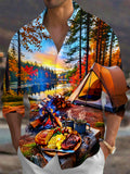 Oceanlyte Men's Printed Autumn Forest Camping Scene Print Long Sleeve Shirt with Chest Pocket