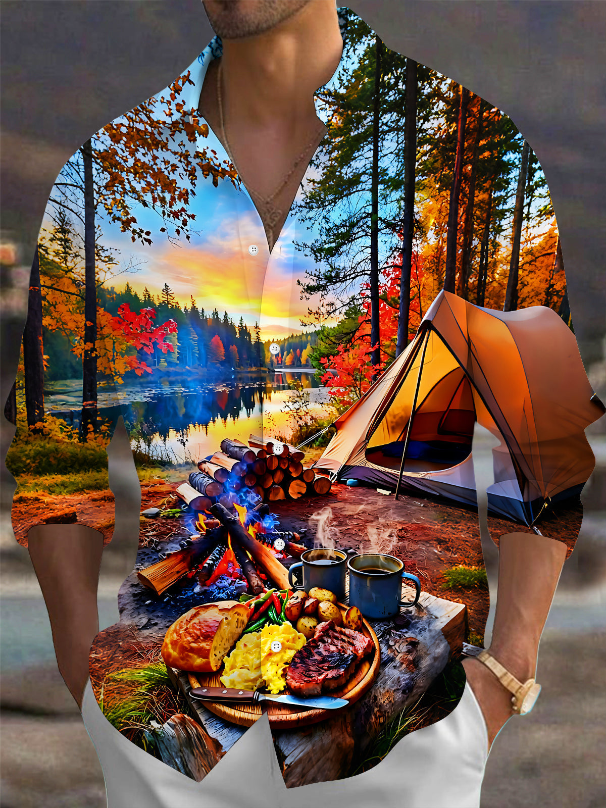 Oceanlyte Men's Printed Autumn Forest Camping Scene Print Long Sleeve Shirt with Chest Pocket