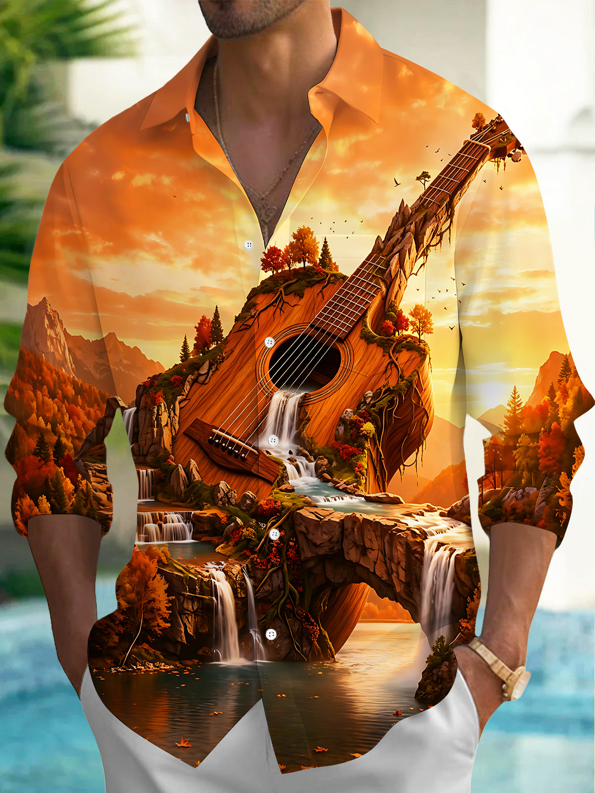 Oceanlyte Men's Graphic Guitar Landscape Print Long Sleeve Shirt with Chest Pocket
