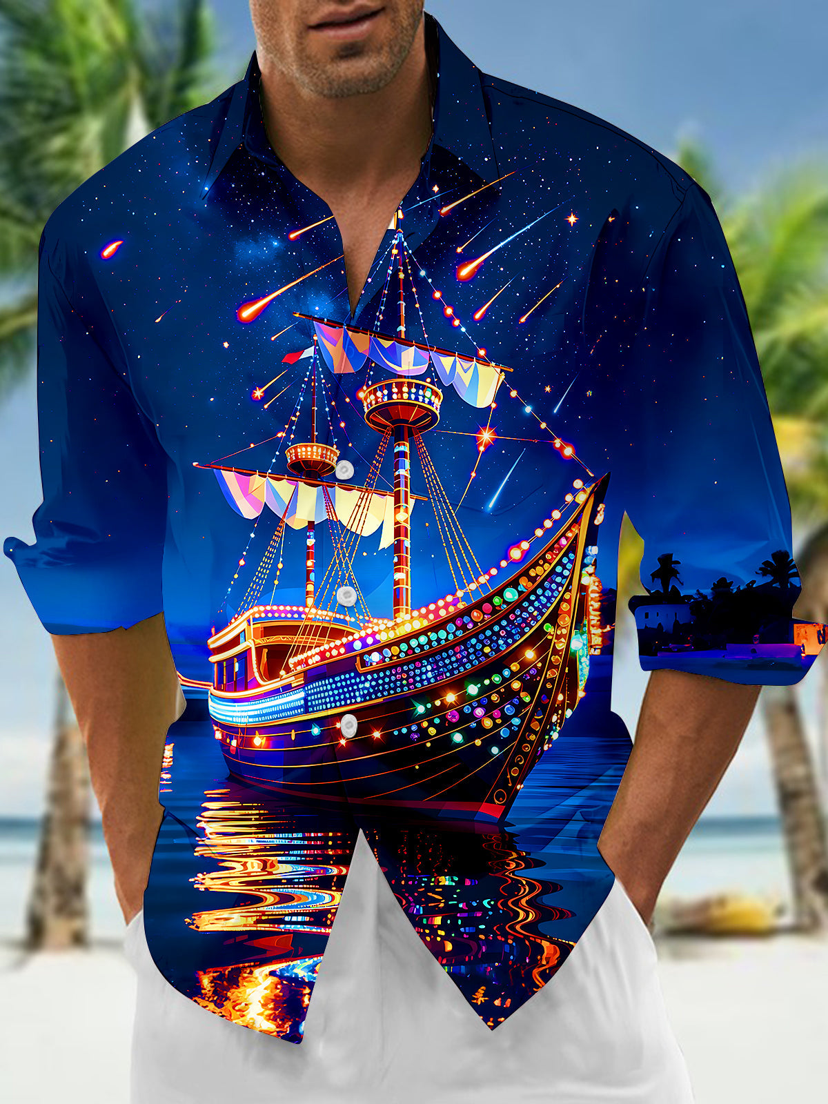 Oceanlyte Men's Graphic Glowing Ship Print Long Sleeve Shirt with Chest Pocket