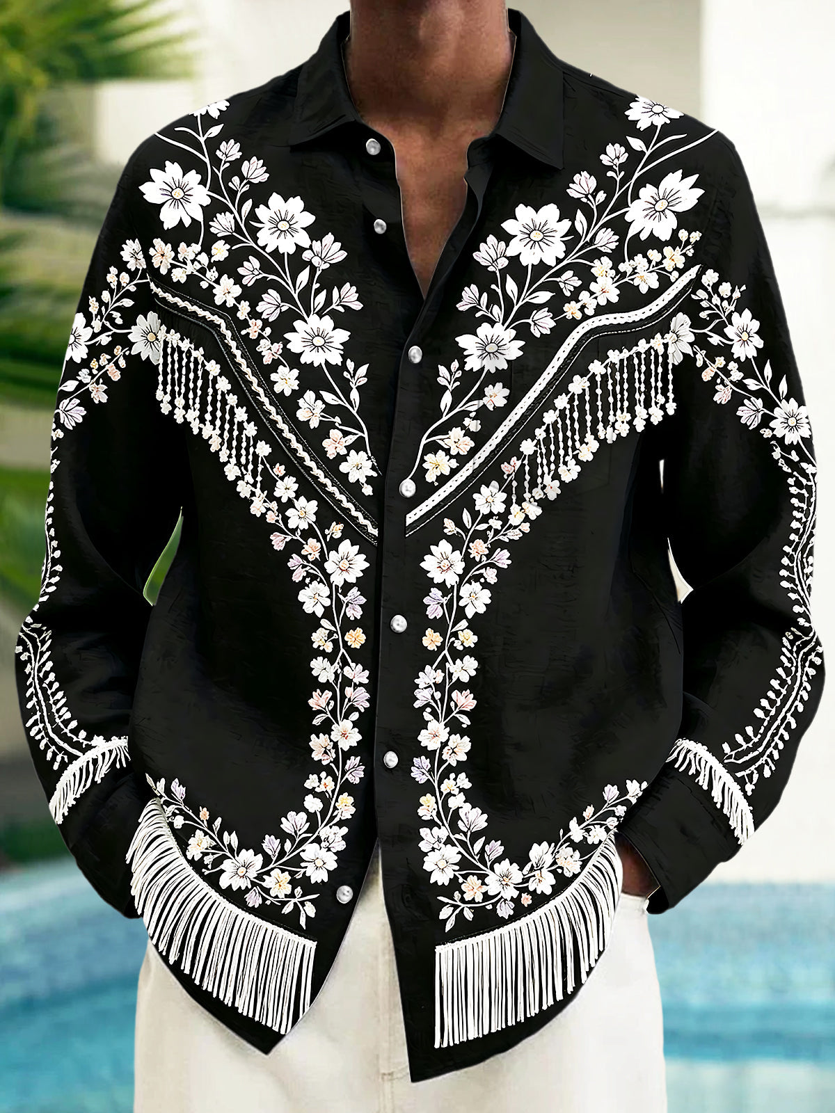 Oceanlyte Men's Floral Western Floral Embroidery Print Long Sleeve Shirt with Chest Pocket