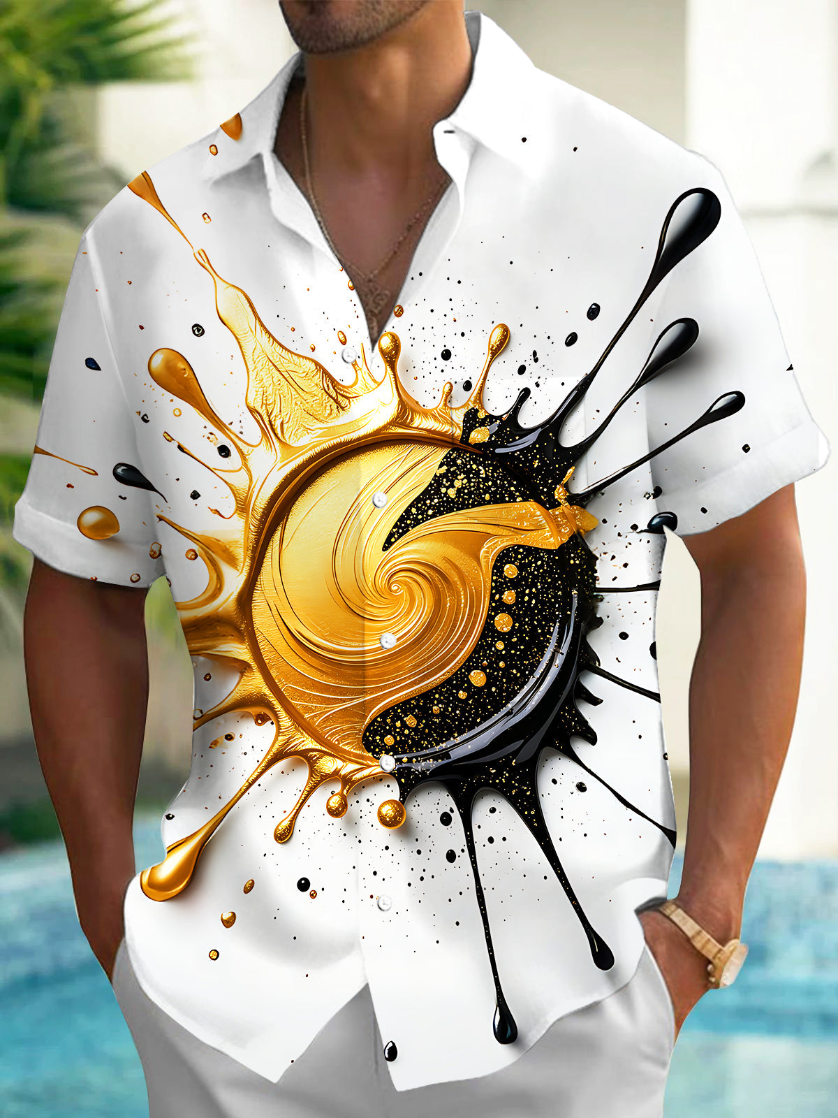 Oceanlyte Men's Graphic Abstract Gold And Black Splash Print Short Sleeve Shirt with Chest Pocket