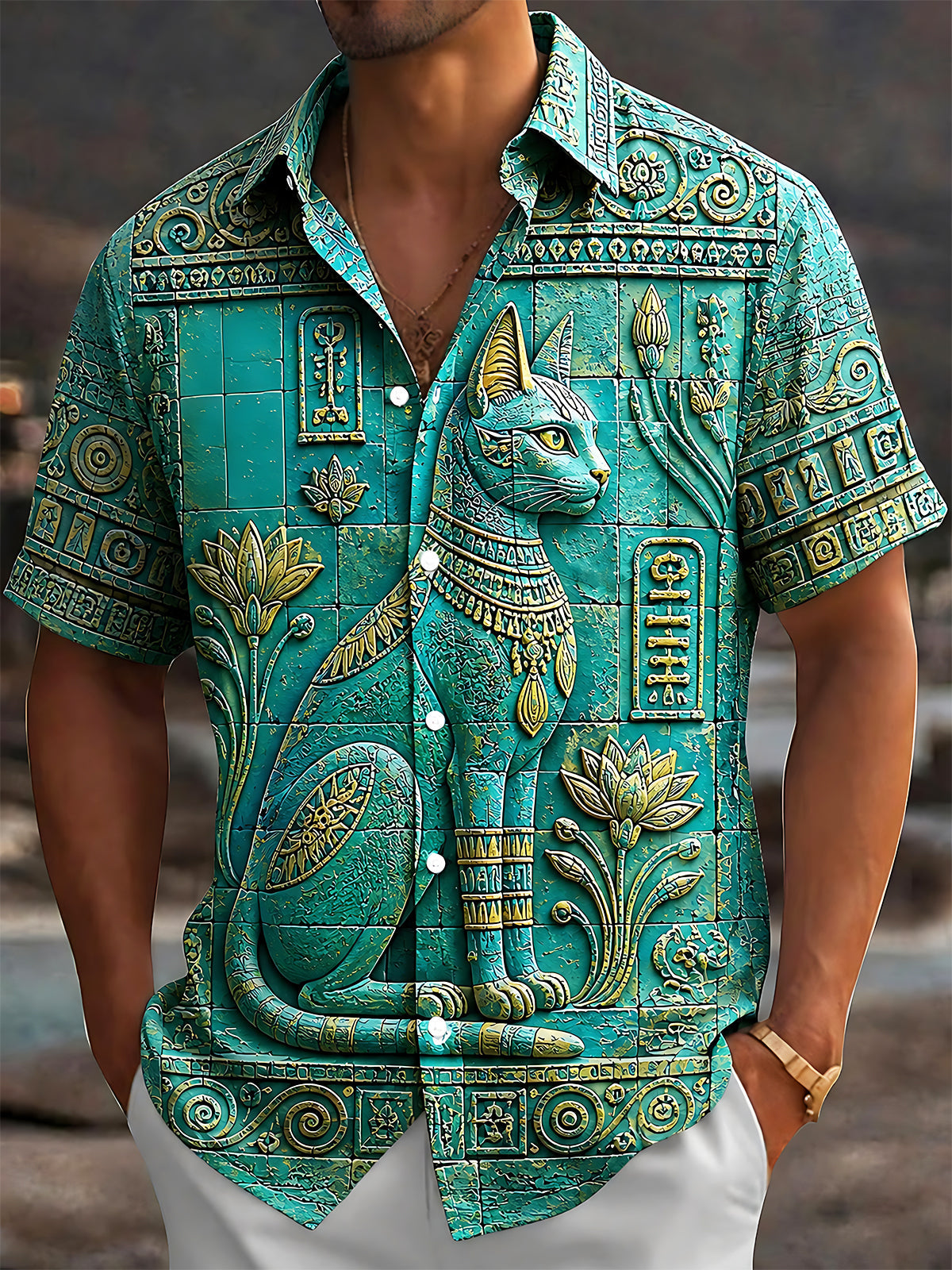 Oceanlyte Men's Vintage Style Egyptian Cat Relief Print Short Sleeve Shirt with Chest Pocket