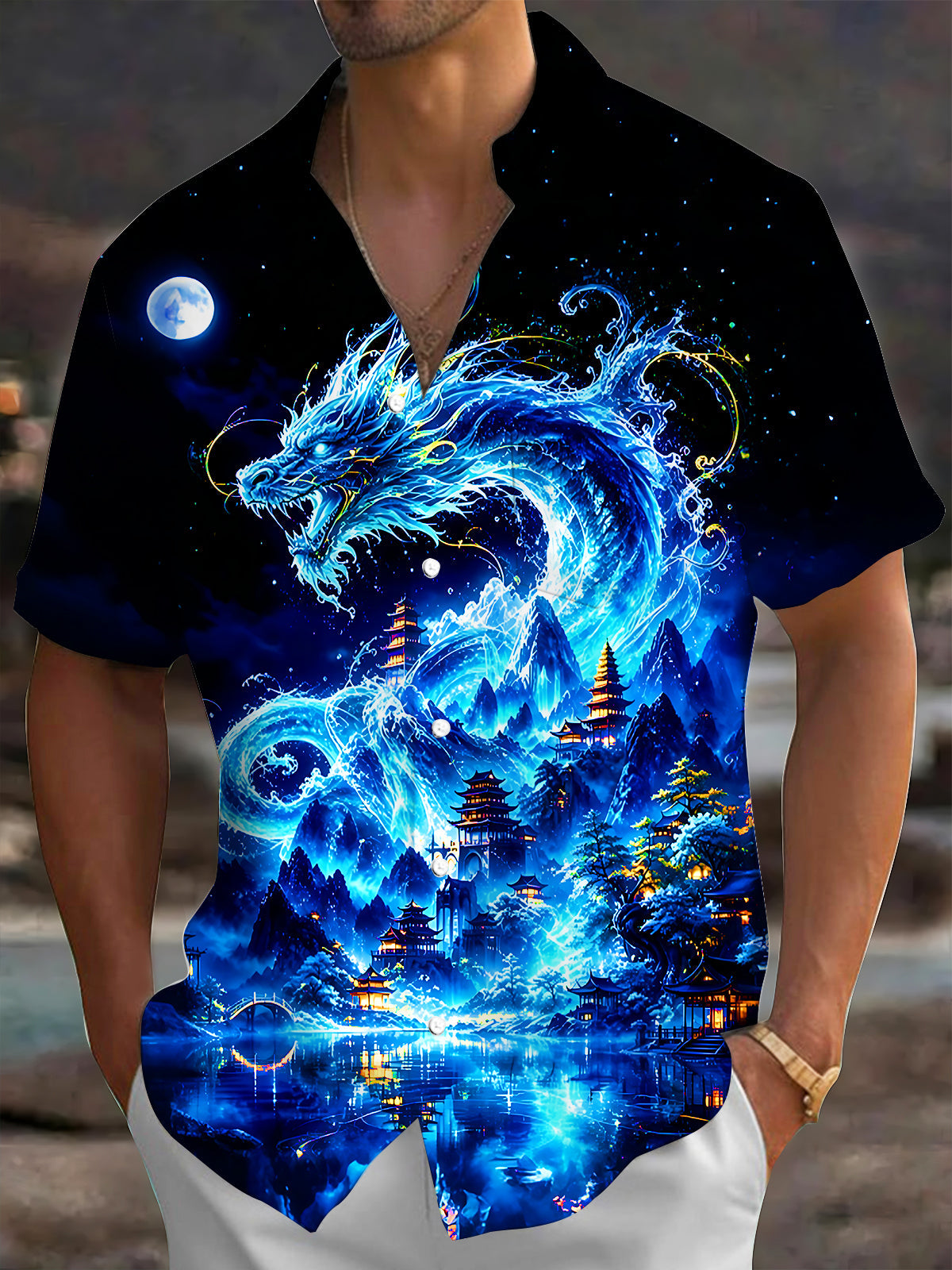 Oceanlyte Men's Graphic Blue Water Dragon Print Short Sleeve Shirt with Chest Pocket