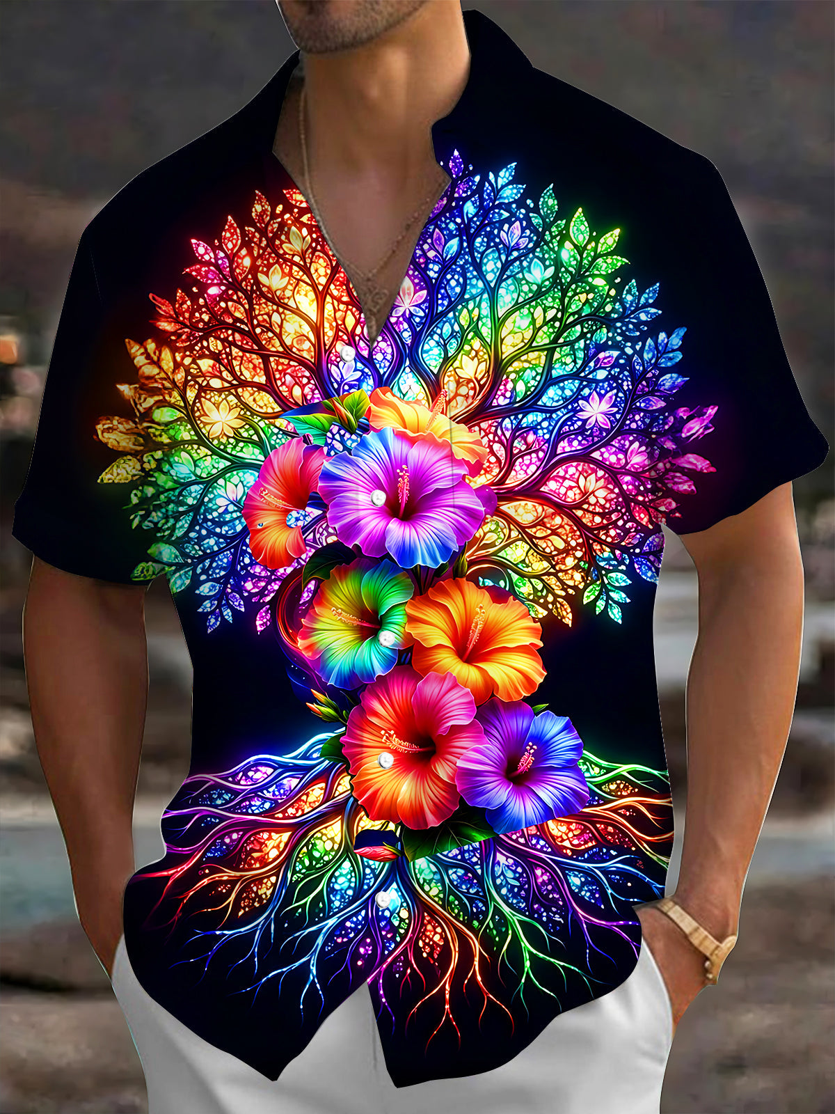 Oceanlyte Men's Hawaiian Neon Rainbow Tree Of Life Print Short Sleeve Shirt with Chest Pocket