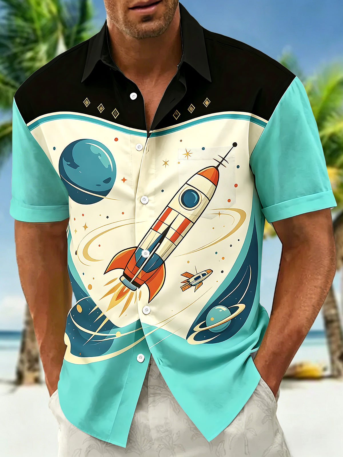 Oceanlyte Men's Vintage Style Retro Rocket Print Short Sleeve Shirt with Chest Pocket