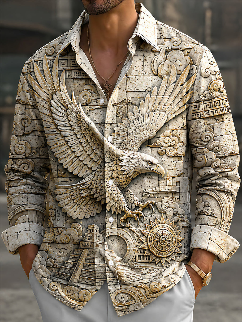 Oceanlyte Men's Vintage Style Stone Carved Eagle Print Long Sleeve Shirt with Chest Pocket