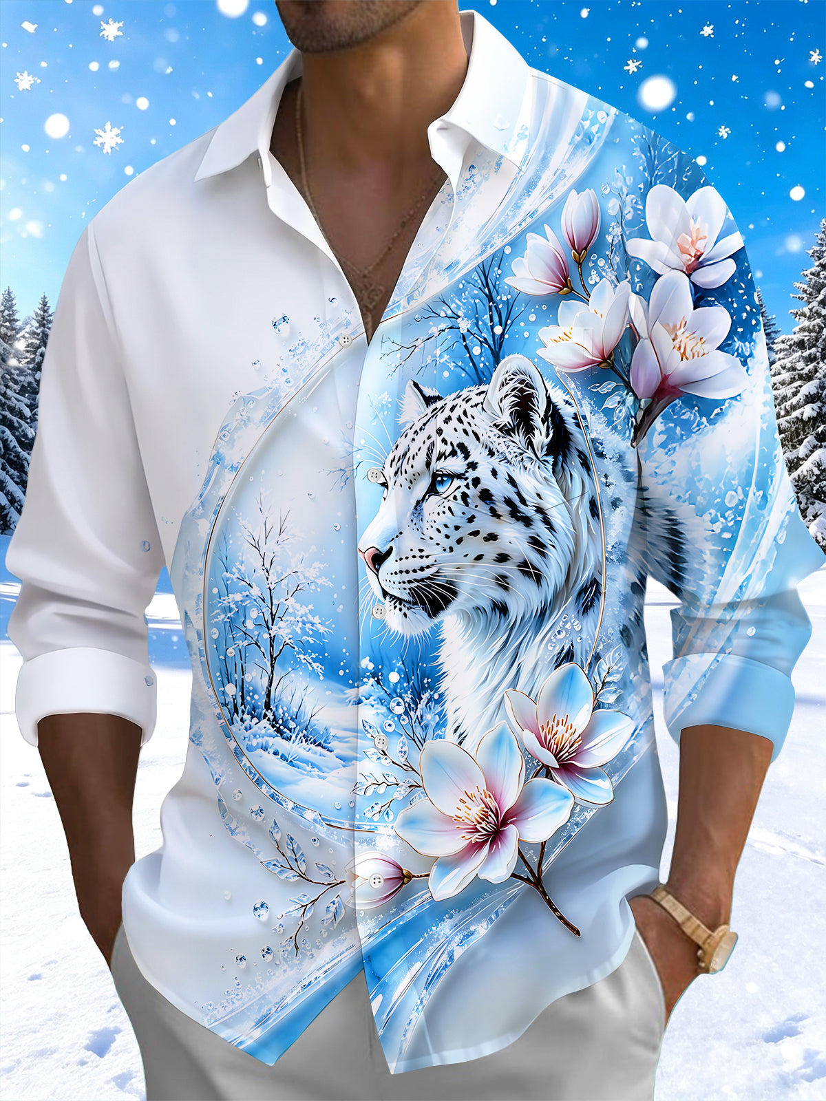 Oceanlyte Men's Printed Snow Leopard Print Long Sleeve Shirt with Chest Pocket