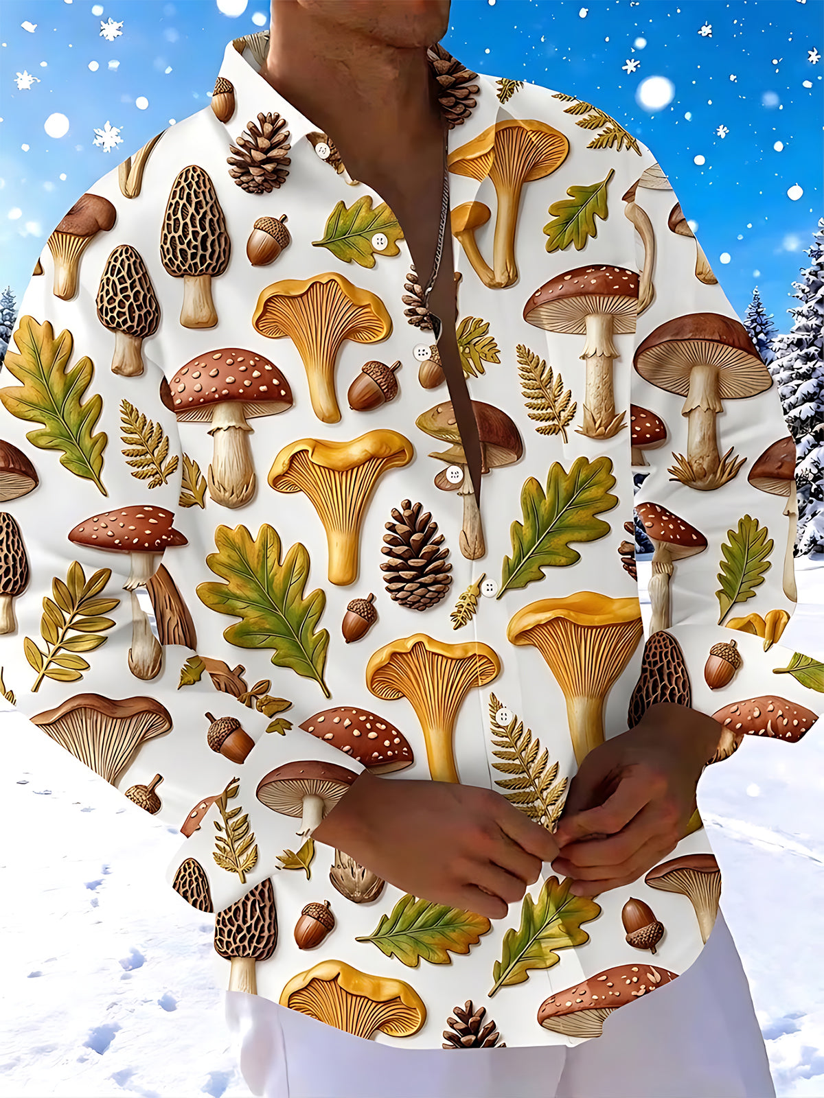 Oceanlyte Men's Printed Forest Mushroom Print Acorn Print Long Sleeve Shirt with Chest Pocket