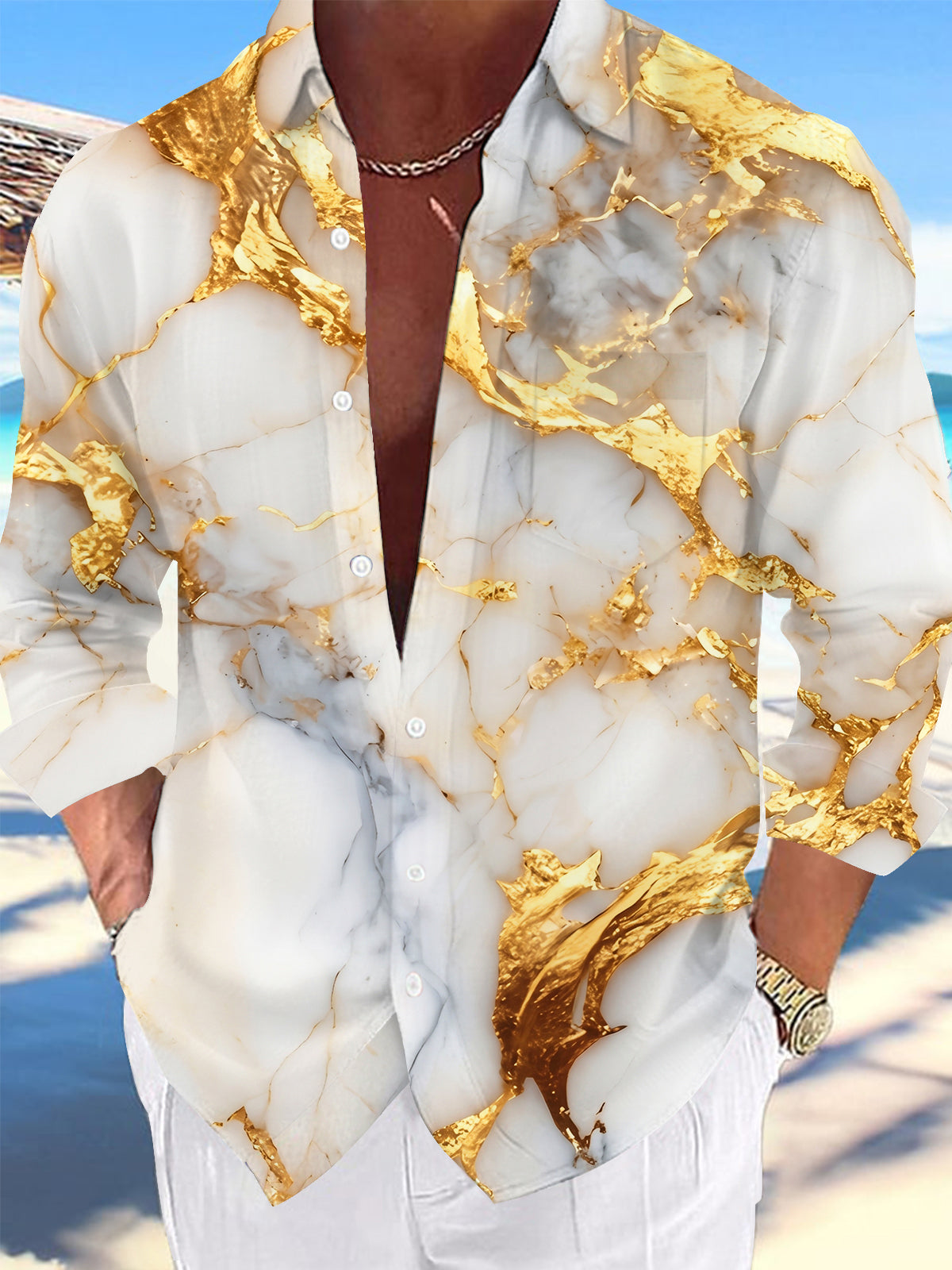 Oceanlyte Men's Printed White And Gold Marble Texture Print Long Sleeve Shirt with Chest Pocket