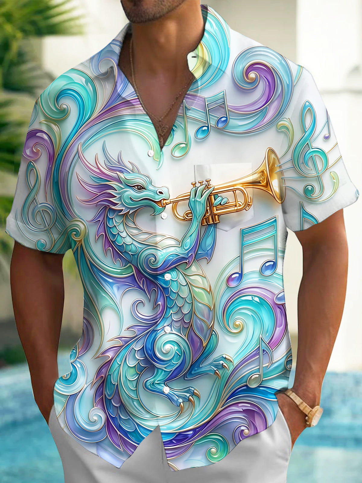 Oceanlyte Men's 3D Dragon Playing Trumpet Print Short Sleeve Shirt with Chest Pocket