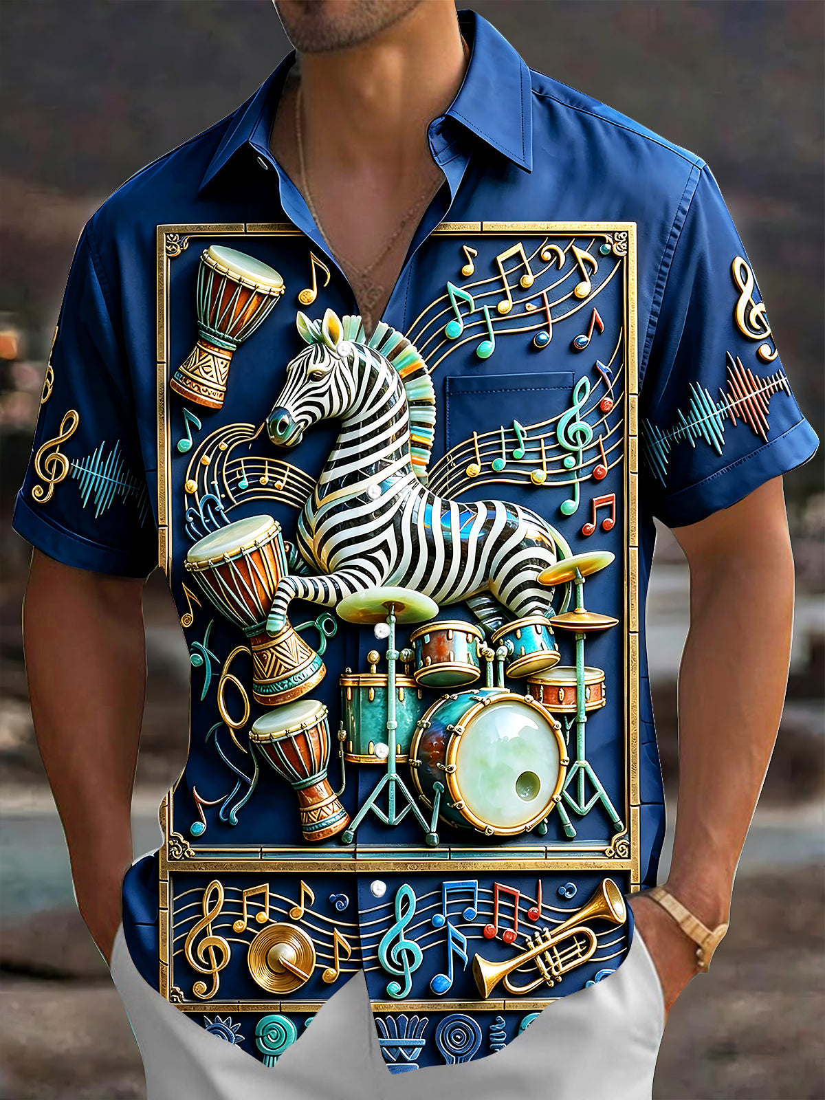 Oceanlyte Men's Graphic Zebra Drummer Print Short Sleeve Shirt with Chest Pocket