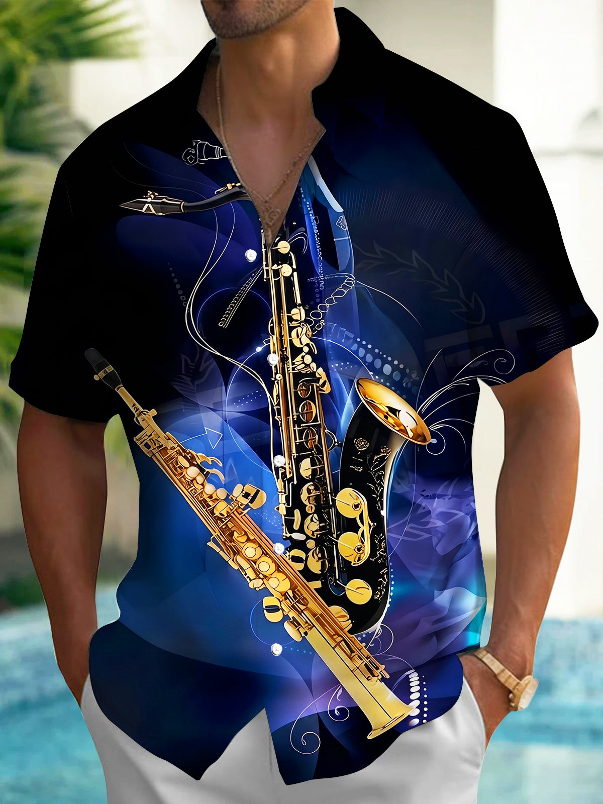 Oceanlyte Men's Graphic Saxophone Print Short Sleeve Shirt with Chest Pocket