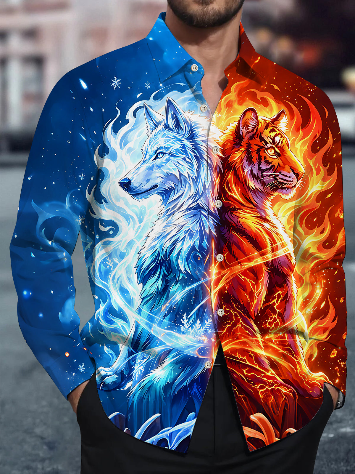 Oceanlyte Men's Graphic Ice Wolf Print Fire Tiger Print Long Sleeve Shirt with Chest Pocket