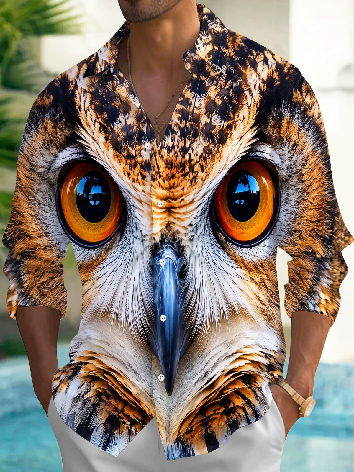 Oceanlyte Men's Graphic Owl Face Close-up Print Animal Print Long Sleeve Shirt with Chest Pocket