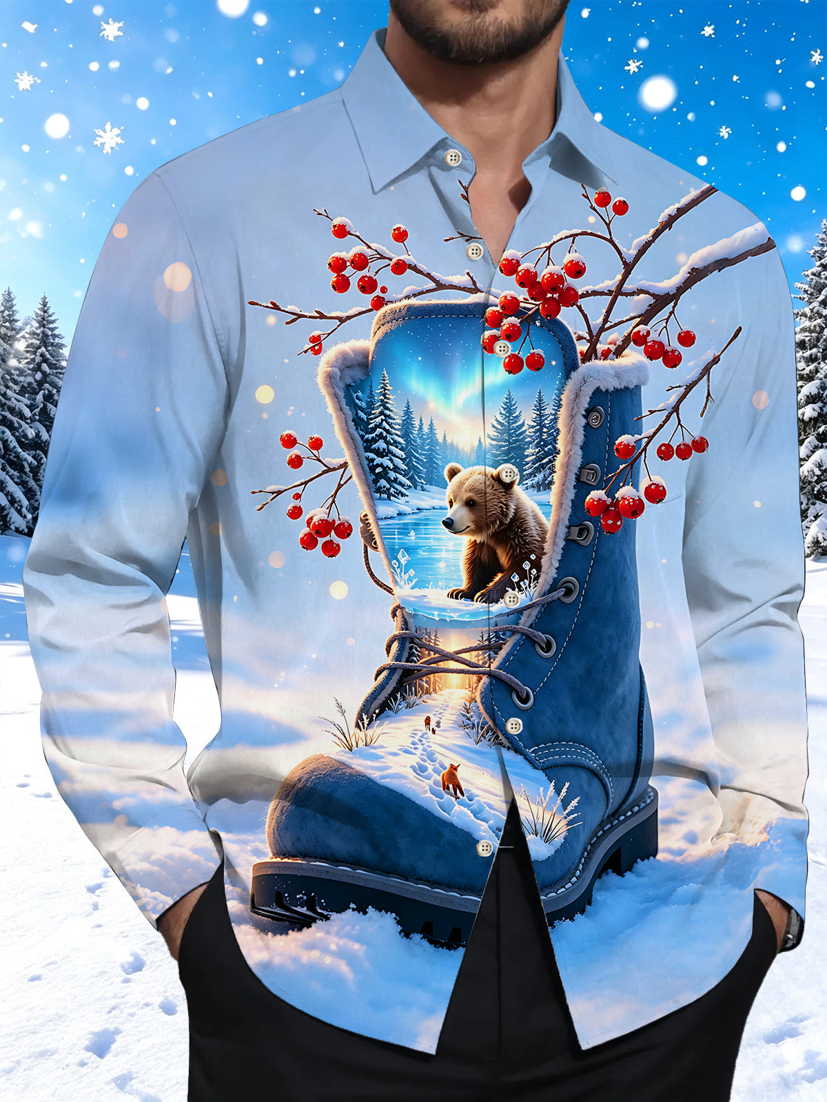 Oceanlyte Men's Graphic Winter Snow Scene Print Long Sleeve Shirt with Chest Pocket