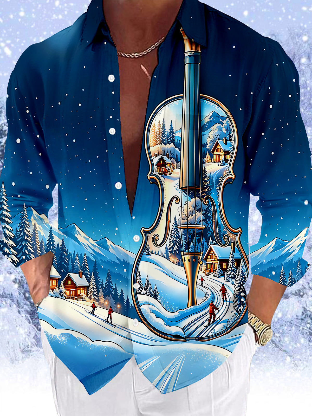 Oceanlyte Men's Graphic Violin Winter Snowscape Print Long Sleeve Shirt with Chest Pocket