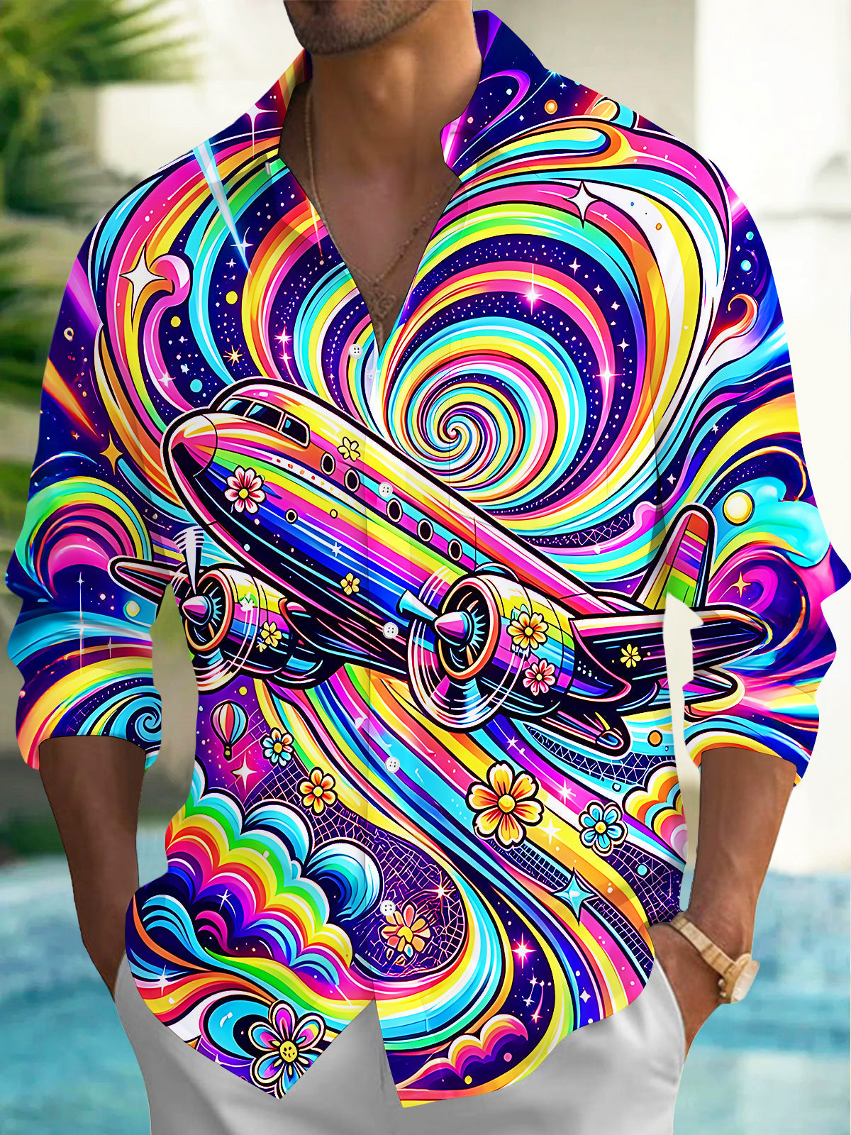 Oceanlyte Men's Graphic Rainbow Airplane Print Swirl Pattern Long Sleeve Shirt with Chest Pocket