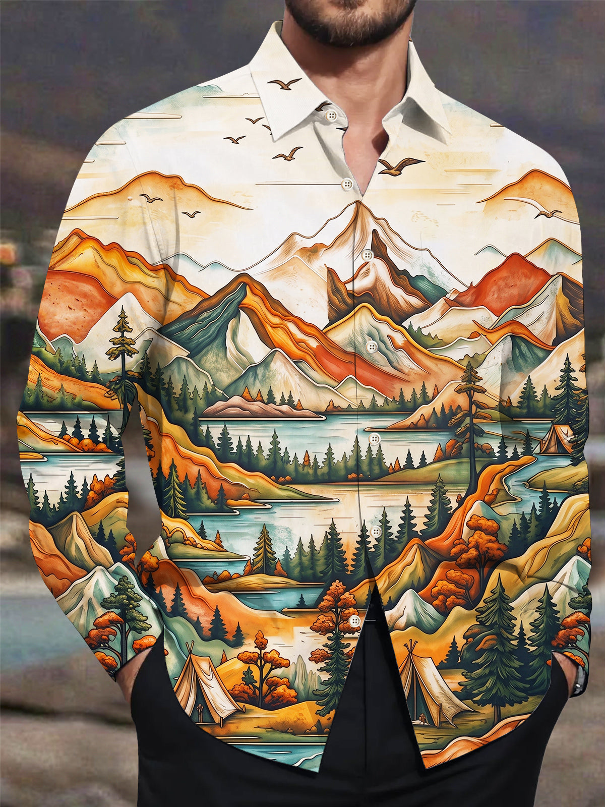 Oceanlyte Men's Vintage Style Mountain Landscape Print Long Sleeve Shirt with Chest Pocket